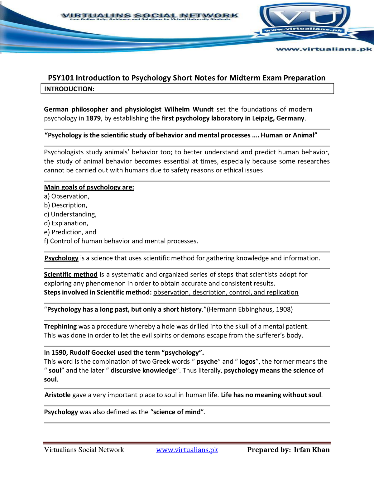 PSY101 Short Notes For Midterm Exam Preparation - PSY101 Introduction ...