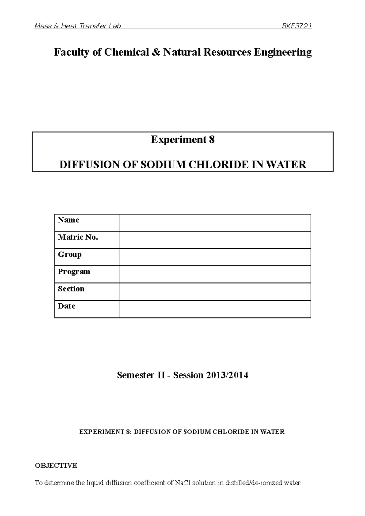 Diffusionofsodiumchlorideinwater compress Faculty of Chemical
