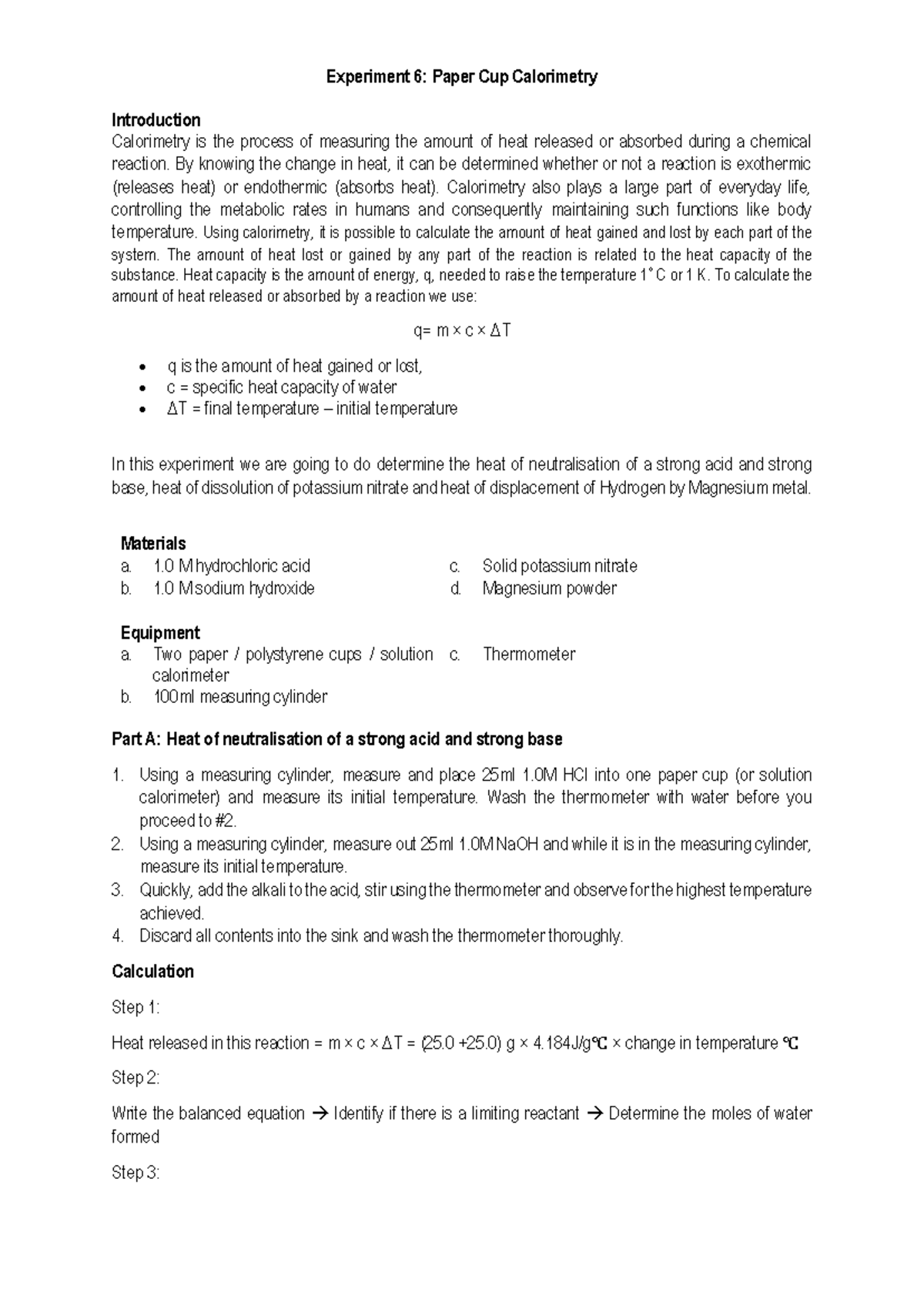 Experiment 6 Paper Cup Calorimetry - Experiment 6 : Paper Cup ...