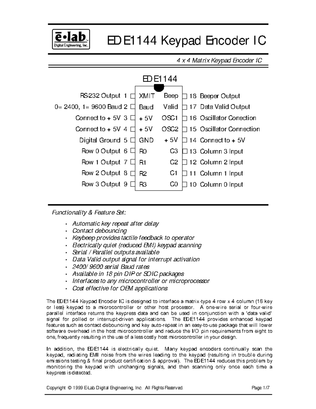 Keyboard Encoder - Copyright © 1999 E-Lab Digital Engineering, Inc. All ...