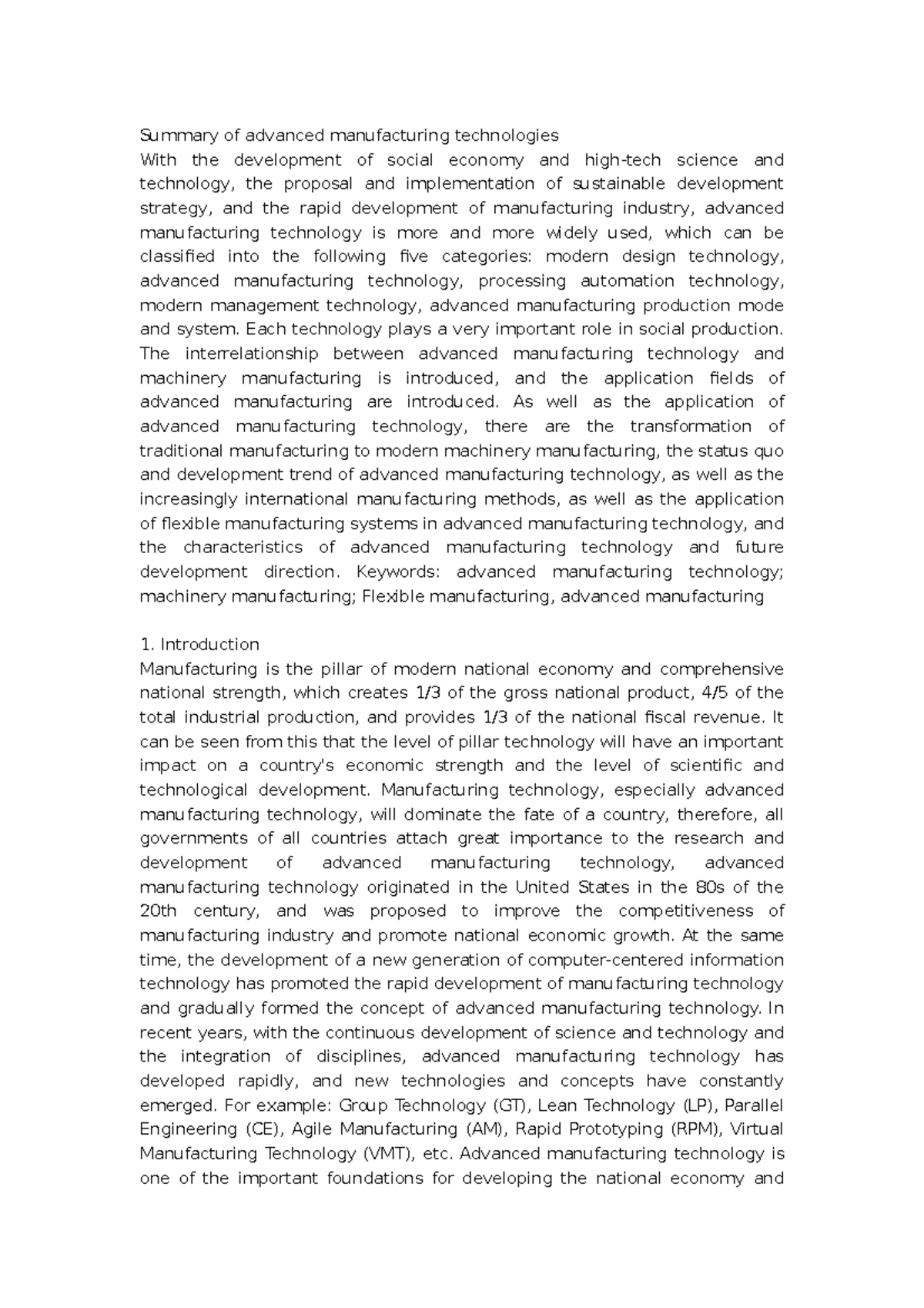 242EMM Summary of advanced manufacturing technologies - Summary of ...
