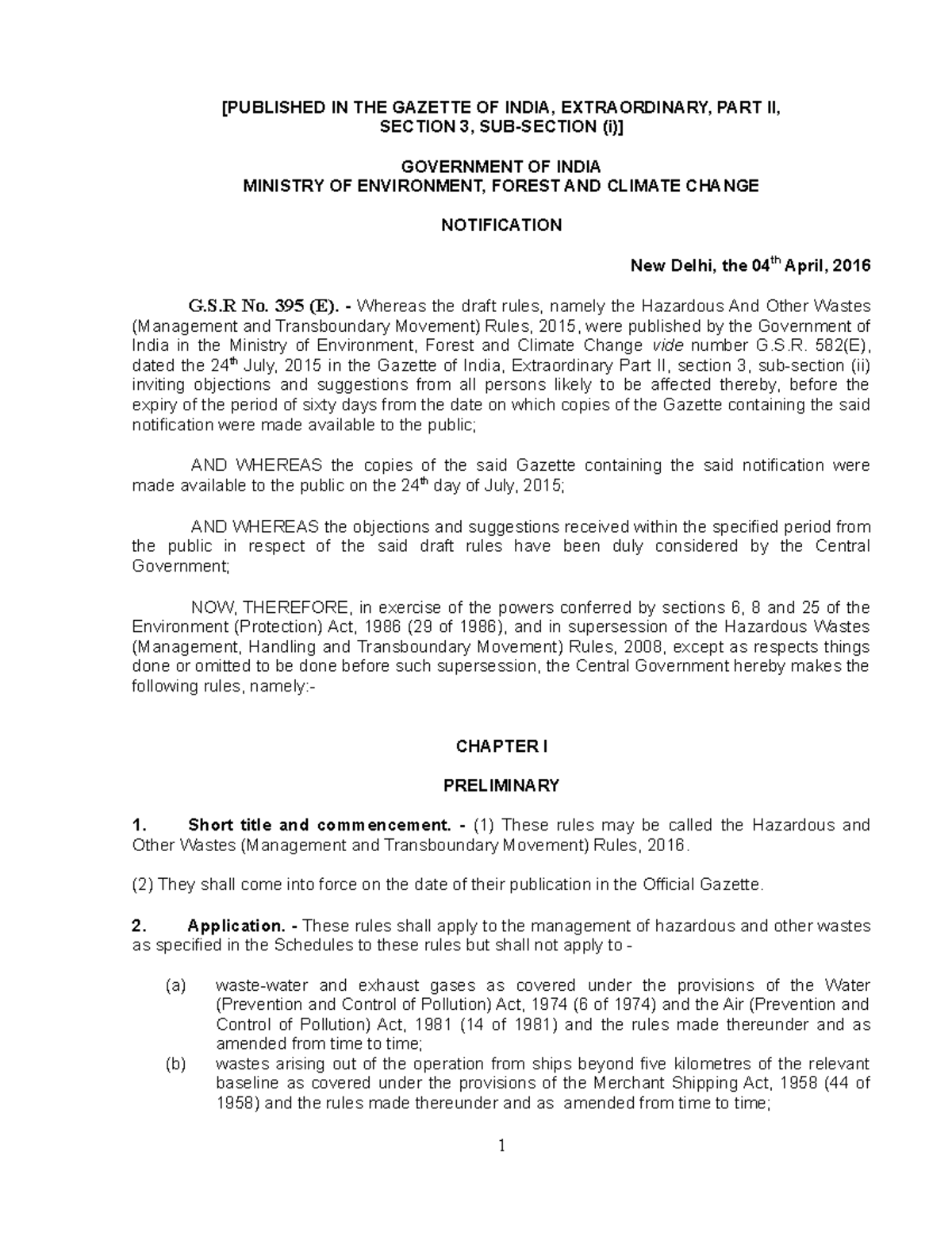 Hazardous and Other Wastes (Management and Transboundary Movement
