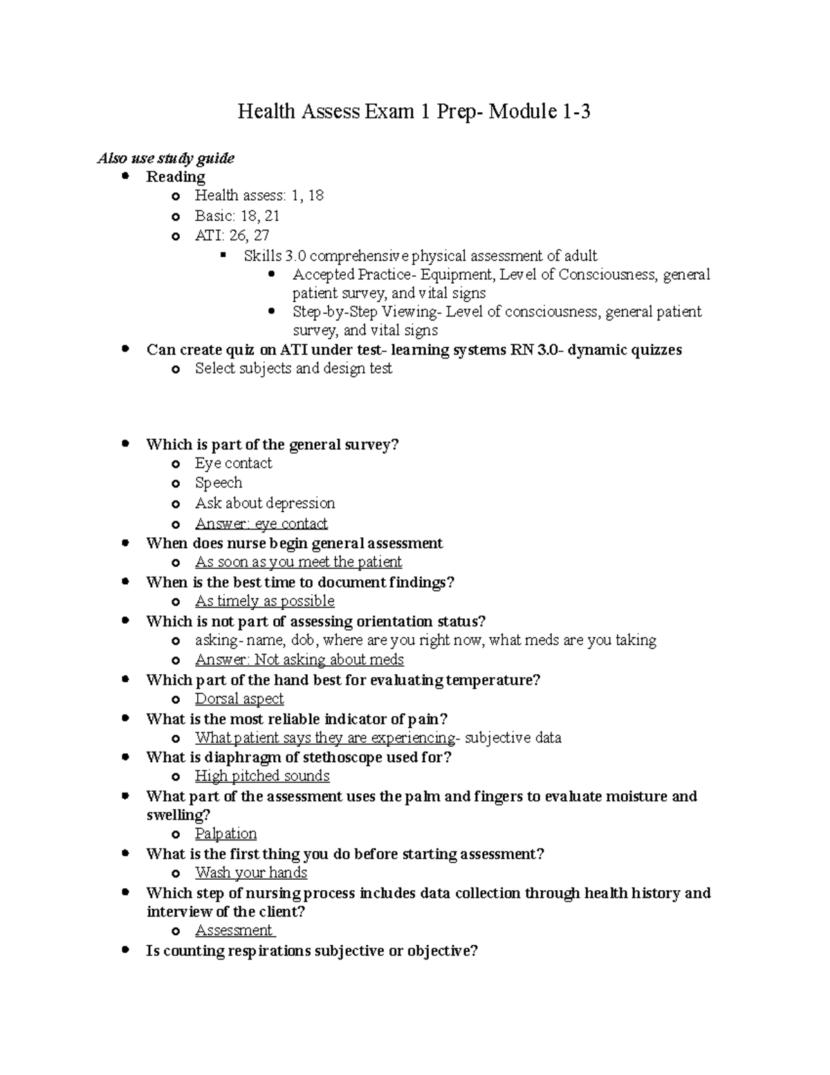 Health Assess Exam 1 Prep Copy - Health Assess Exam 1 Prep- Module 1 ...