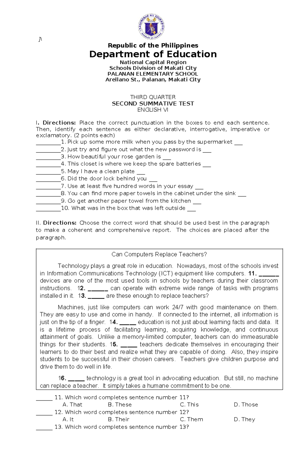 3rd Quarter 2nd Summative TEST english - ]\ Republic of the Philippines ...