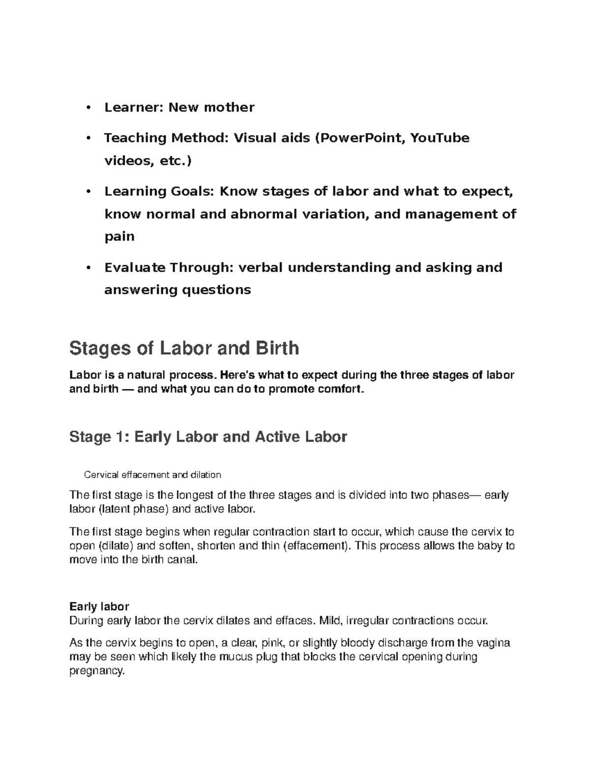 Stages of labor and pain management - RNSG 2208 - San Jac - Studocu