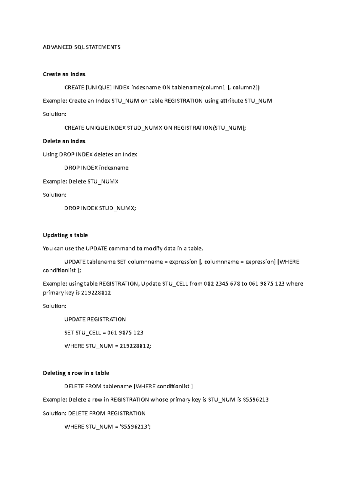 Advanced SQL Statements Pt1 - ADVANCED SQL STATEMENTS Create an Index ...