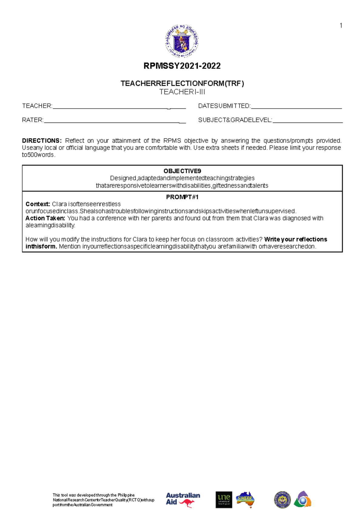 Reflection T1 T3 RPMS 2021 2022 Copy 2 - 1 This tool was developed ...