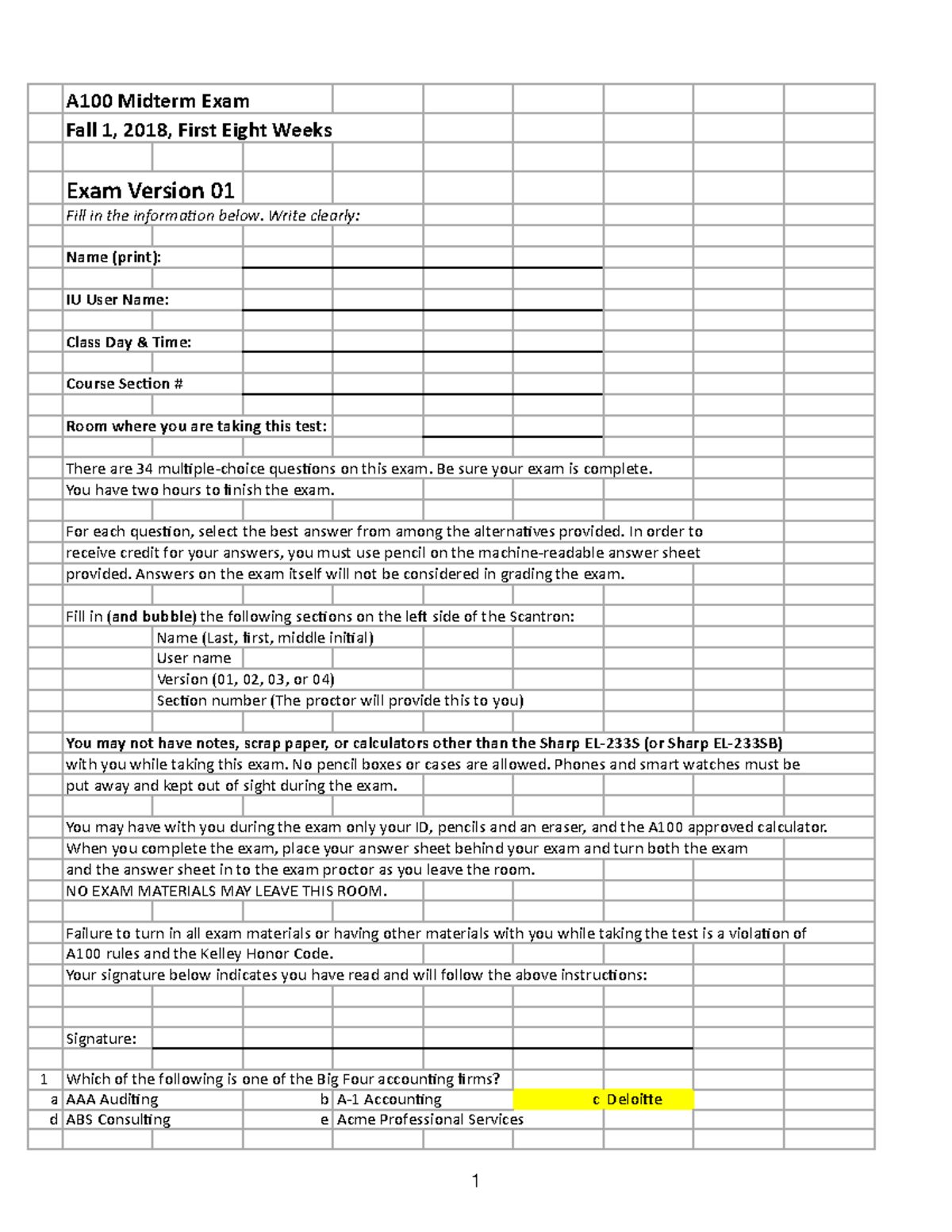 Practice Midterm, Fall 1, 2018 , with answers - A100 Midterm Exam Fall ...