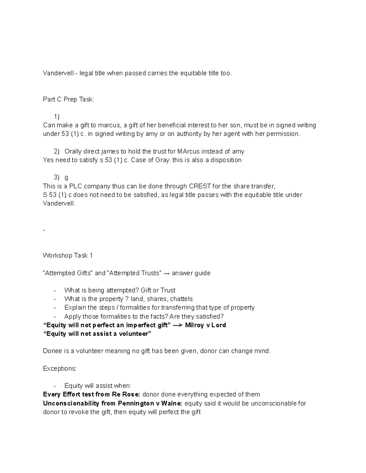 Equity and Trusts WS2 Notes equity exemptions and pennington v waine