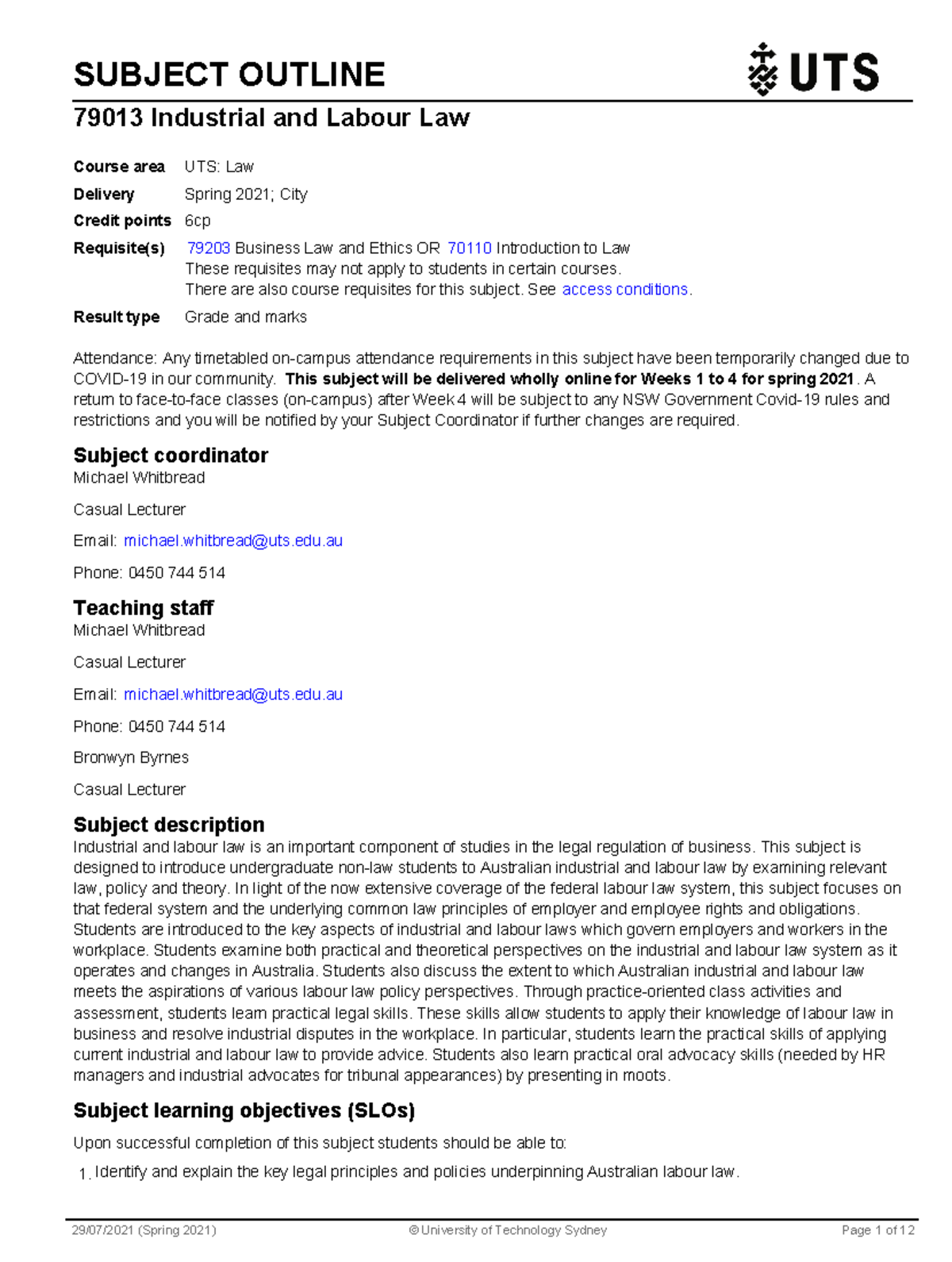 Industrial and labour law Subject Outline - SUBJECT OUTLINE 79013 ...