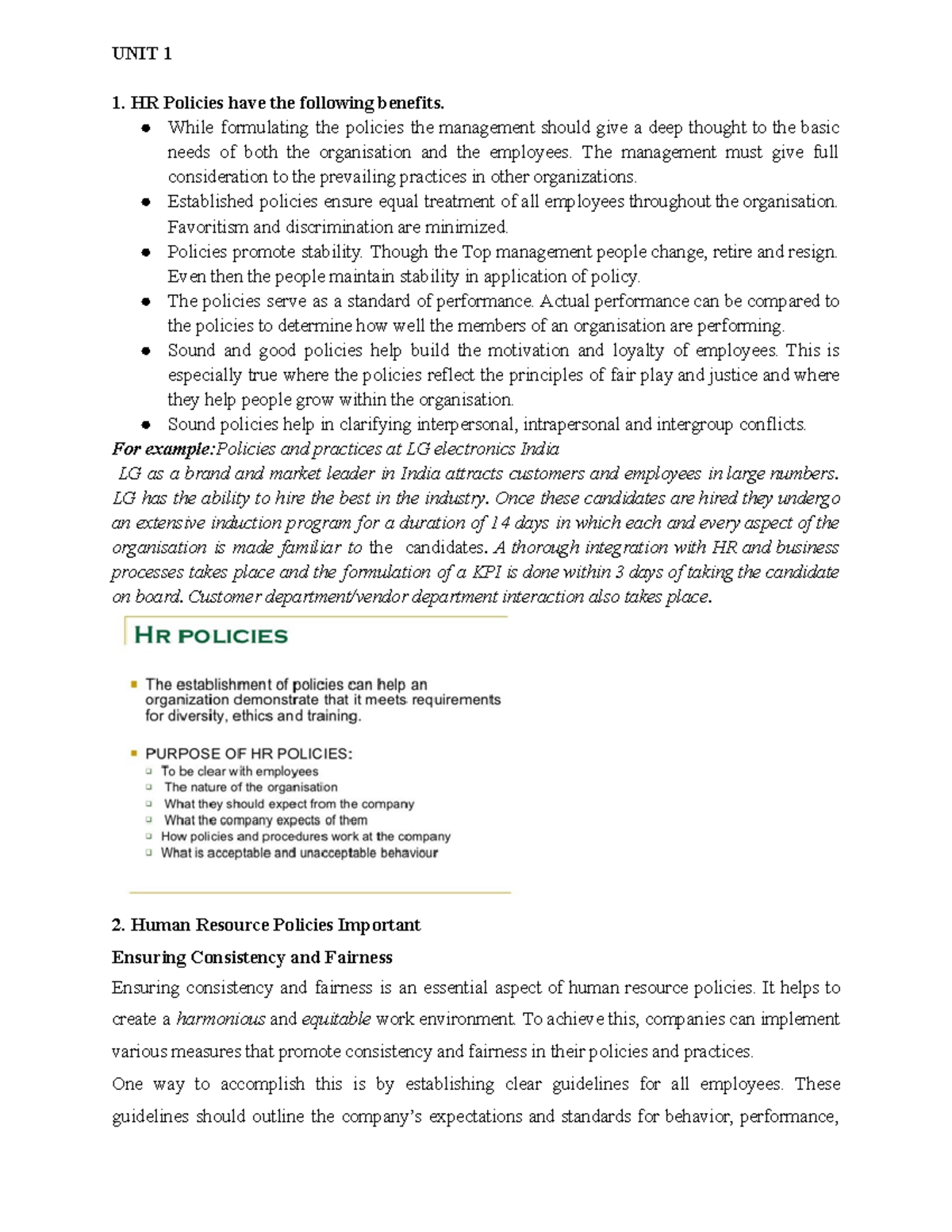 HRM UNIT 1 & UNIT 2 Notes - good - UNIT 1 HR Policies have the ...