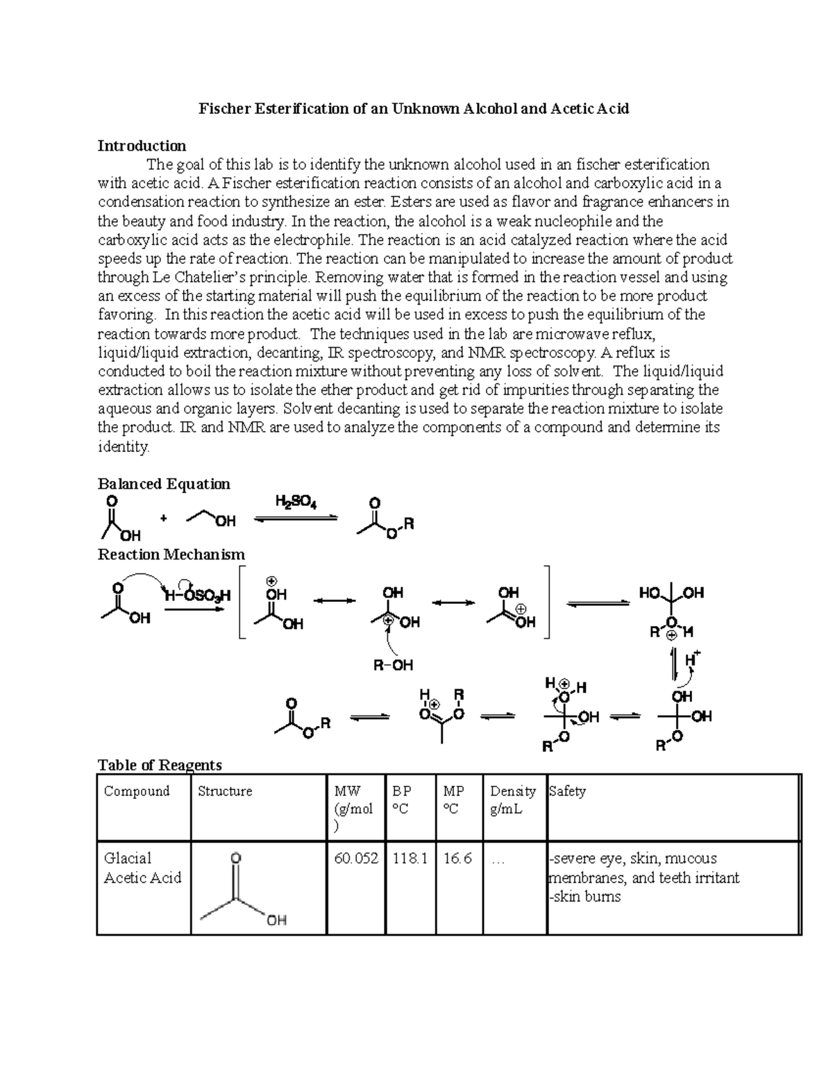 2212 Lab 5 - Fischer Esterification of Unknown Alcohol - Fischer ...