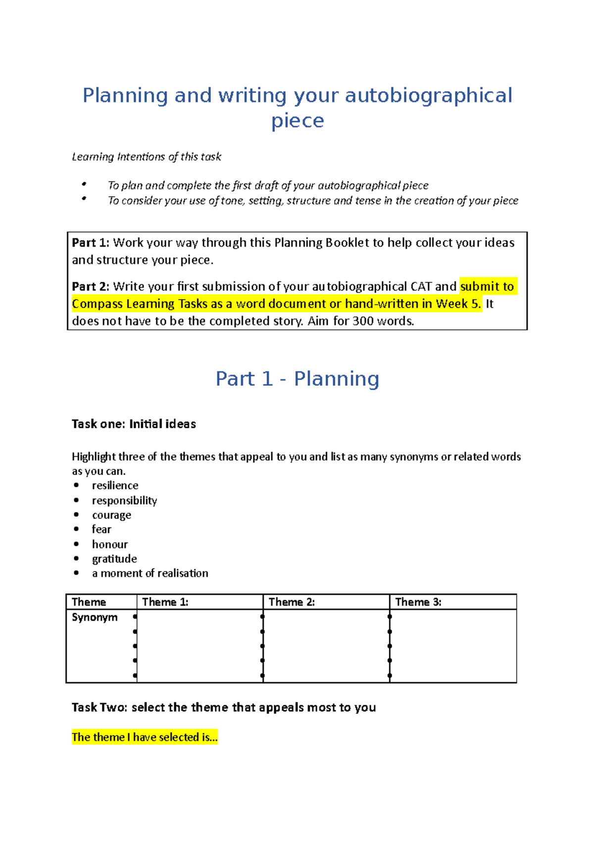 Autobigraphy planning and writing booklet - Planning and writing your ...