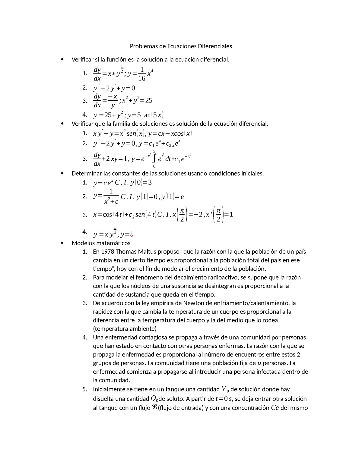 Problemario ED - Problemas De Ecuaciones Diferenciales Verificar Si La ...