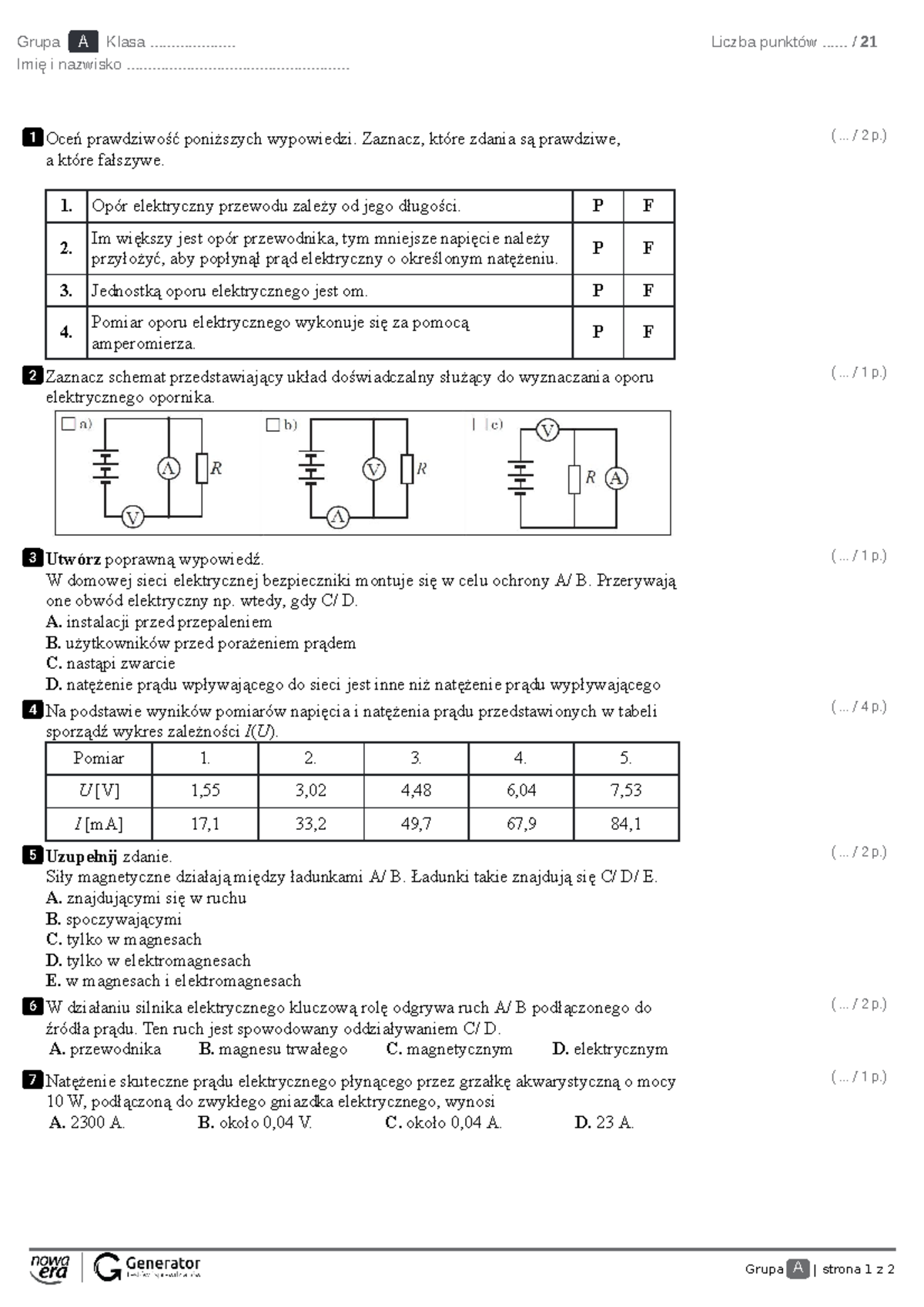 619761510 Test 1 Elektryczność i Magnetyzm Test z Widoczną Punktacją 1