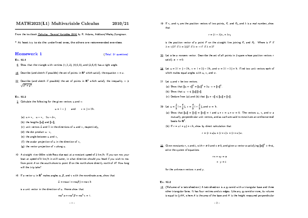 Hw1 2 Course Material From Prof Jimmy Fung Math23 L1 Multivariable Calculus 10 From The Studocu
