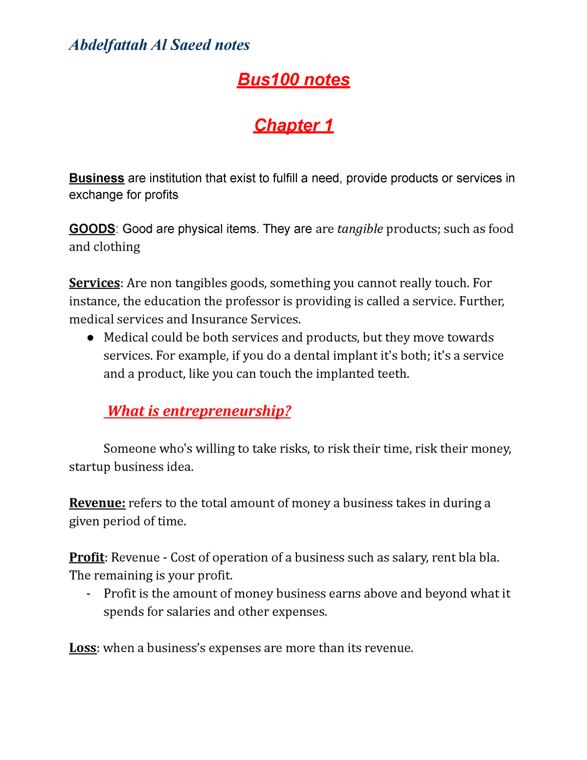 Bus10 Notes - Bus100 Notes Chapter 1 Business Are Institution That ...