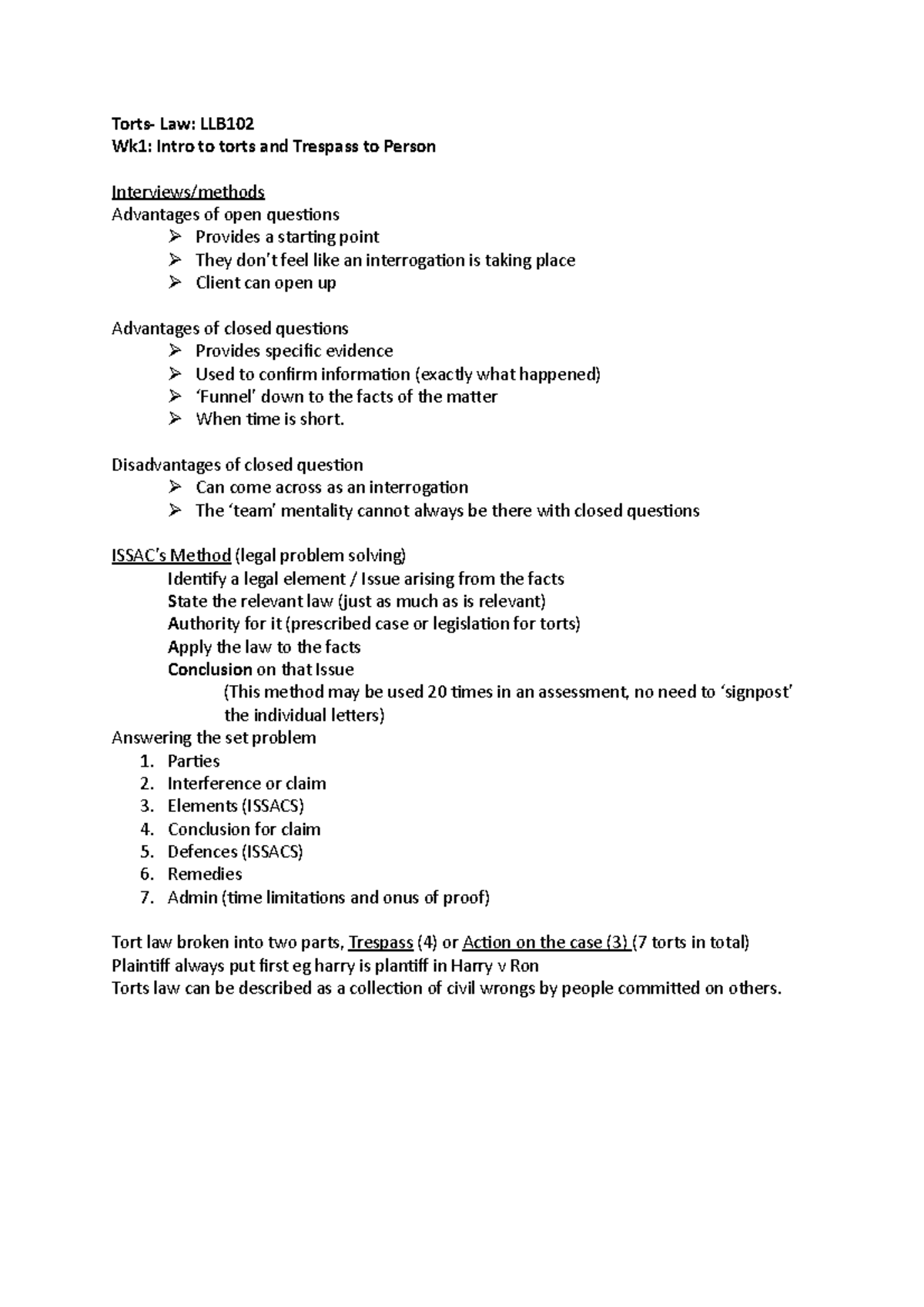 Torts- LLB102 - Lecture Notes - Torts- Law: LLB Wk1: Intro To Torts And ...