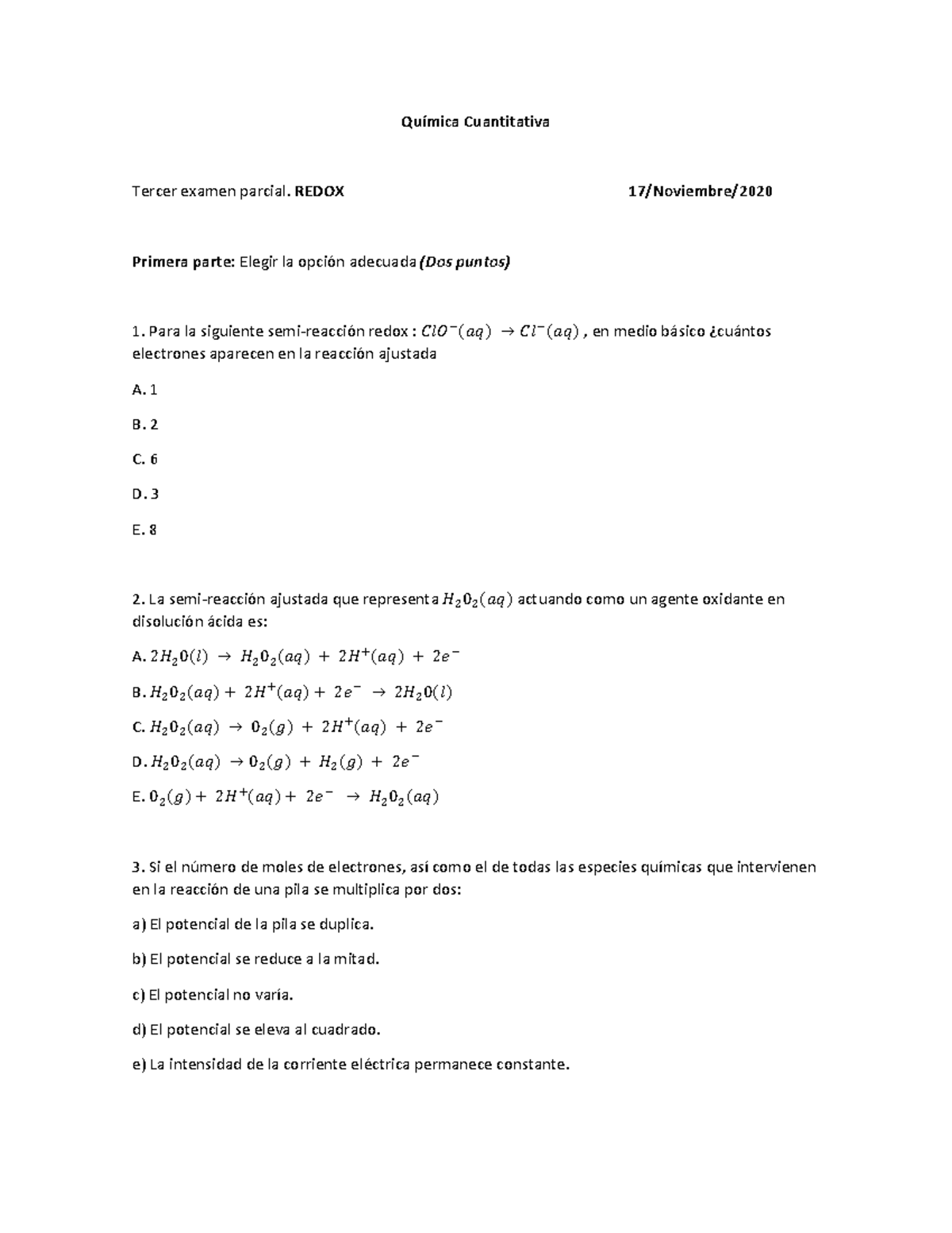 Parcial Redox - Química Cuantitativa Tercer Examen Parcial. REDOX 17 ...