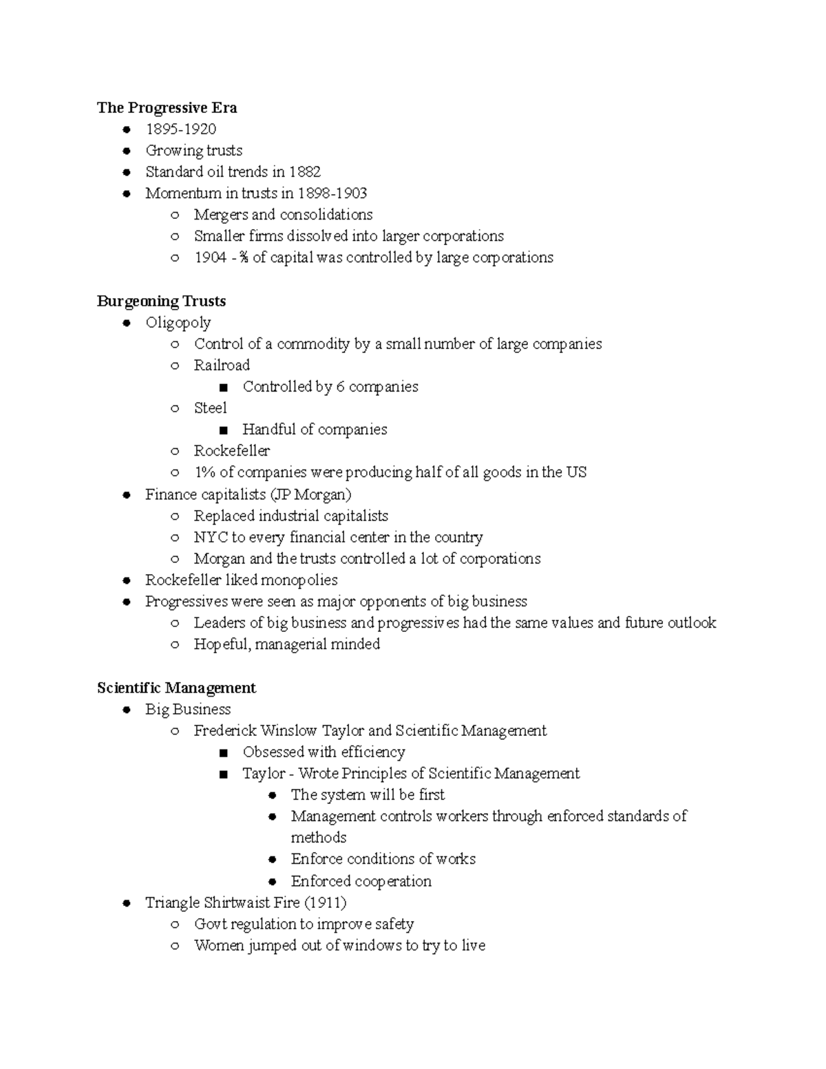 lecture notes feb - The Progressive Era 1895- Growing trusts Standard ...