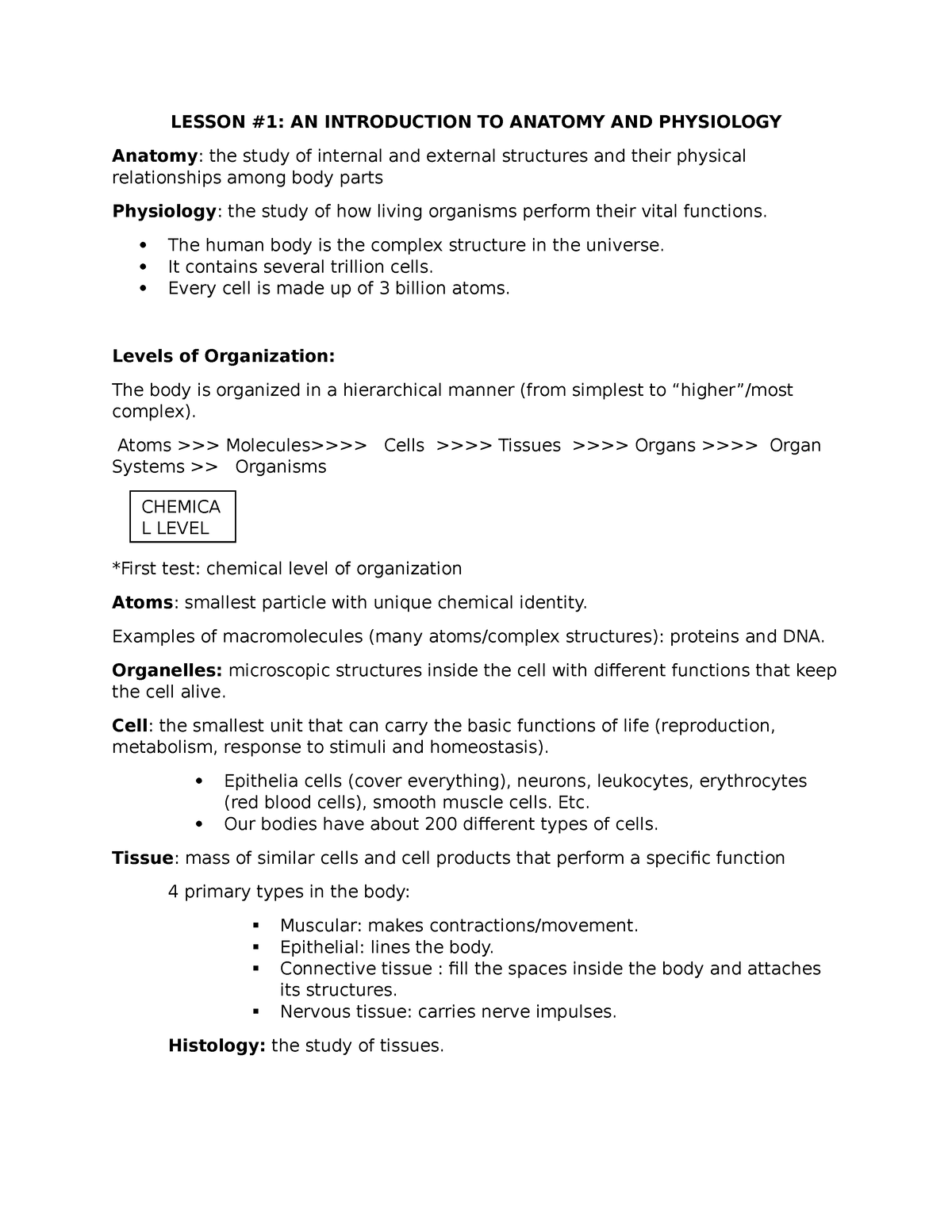 BSC 2085 Lecture Notes REAL - LESSON #1: AN INTRODUCTION TO ANATOMY AND ...