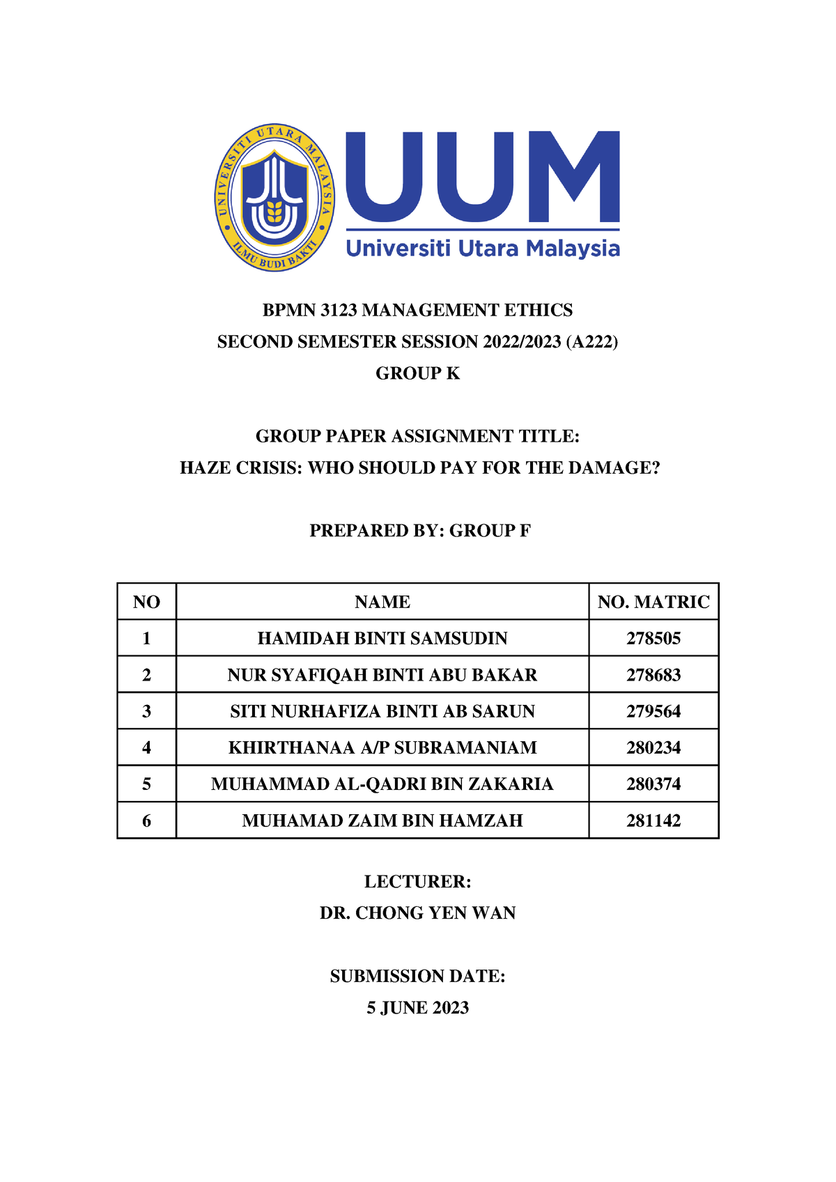 Group Paper Assignment - BPMN 3123 MANAGEMENT ETHICS SECOND SEMESTER ...