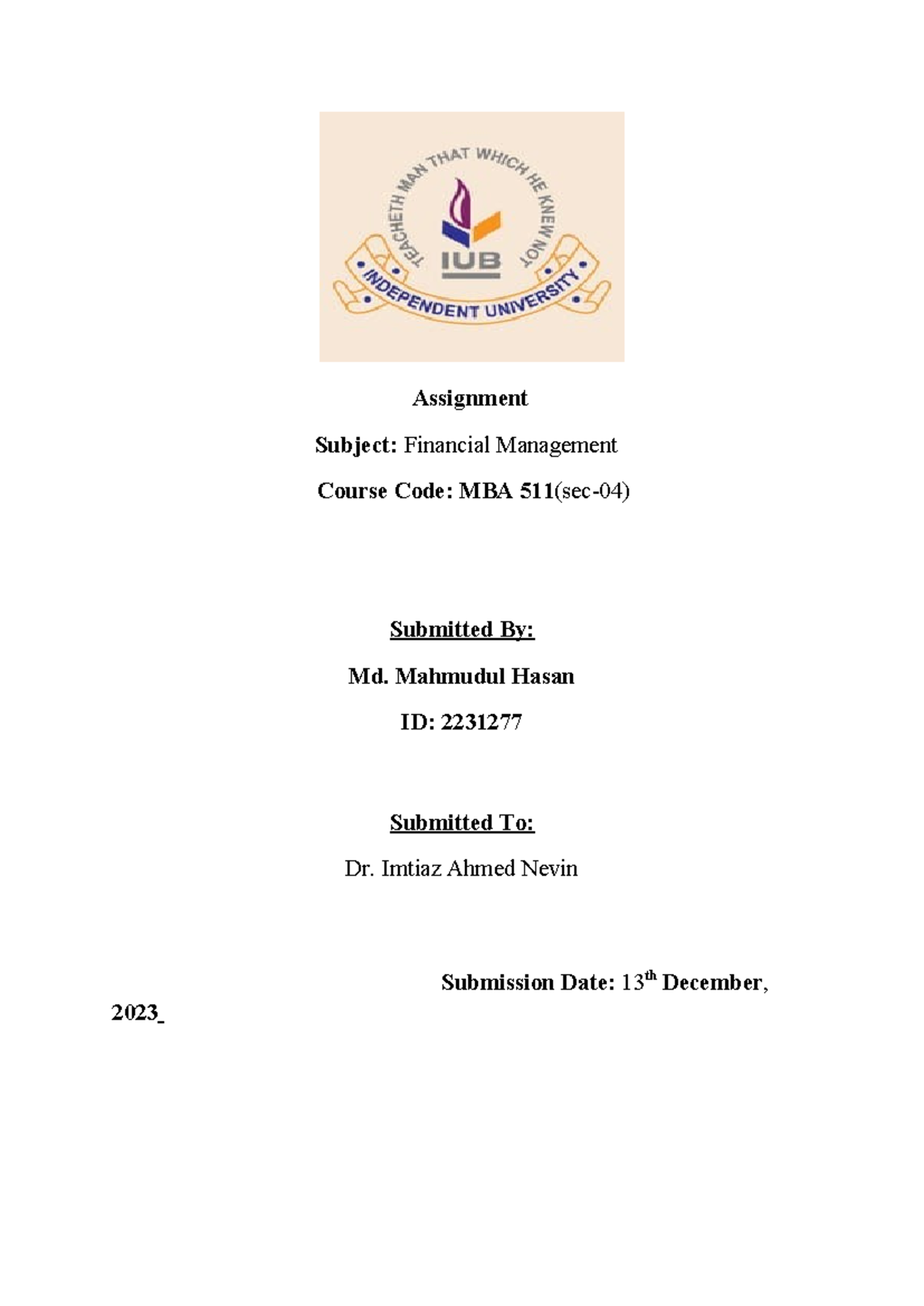 FM 511-Assignment-Mahmudul - Assignment Subject: Financial Management ...