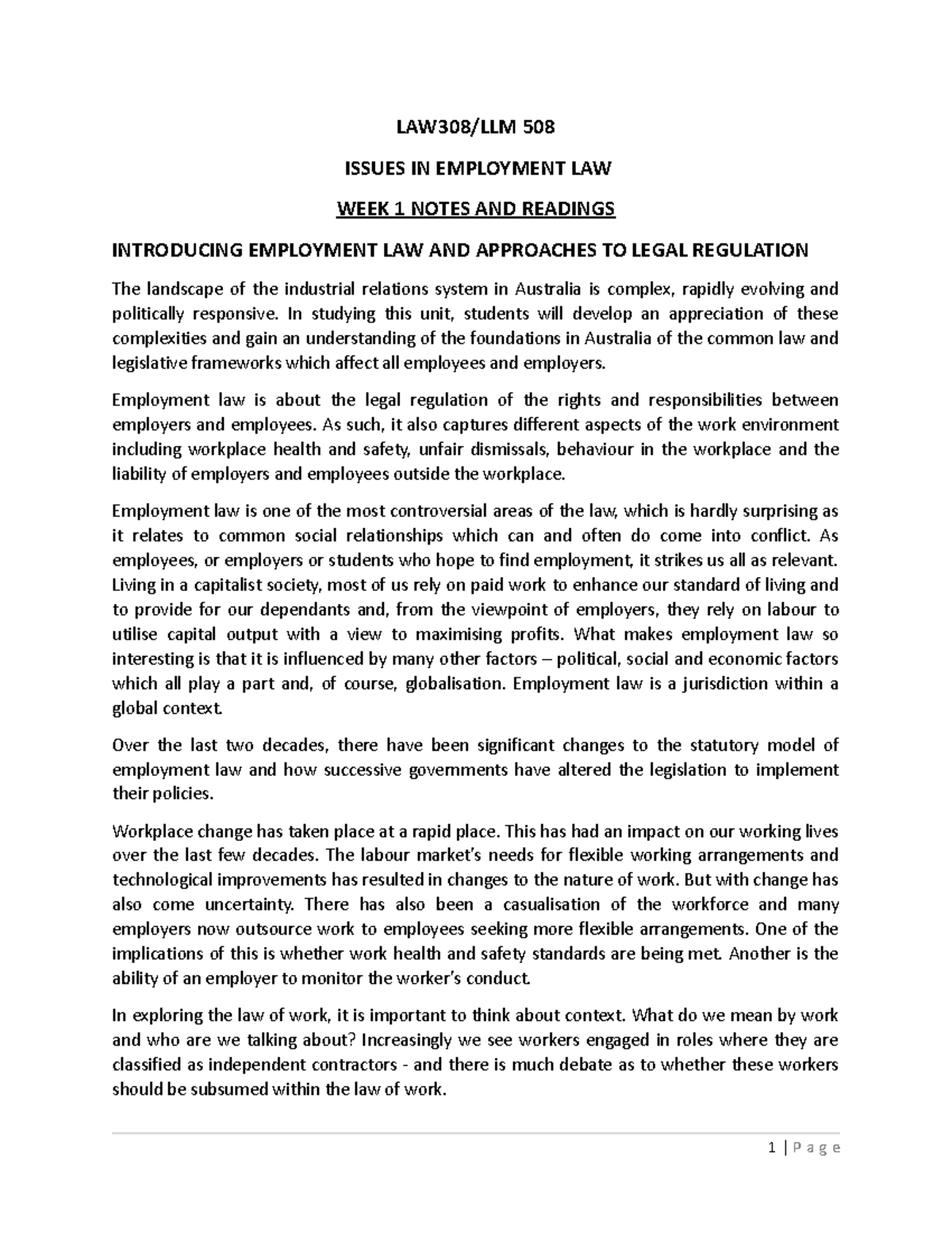 Week 1 Notes and Readings - LAW308/LLM 508 ISSUES IN EMPLOYMENT LAW ...