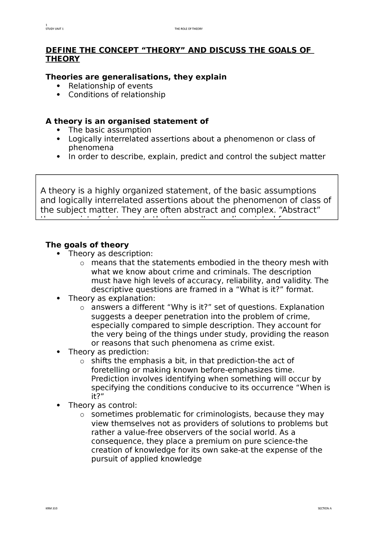 KRM 310 SU 1 Notes - STUDY UNIT 1 THE ROLE OF THEORY DEFINE THE CONCEPT ...