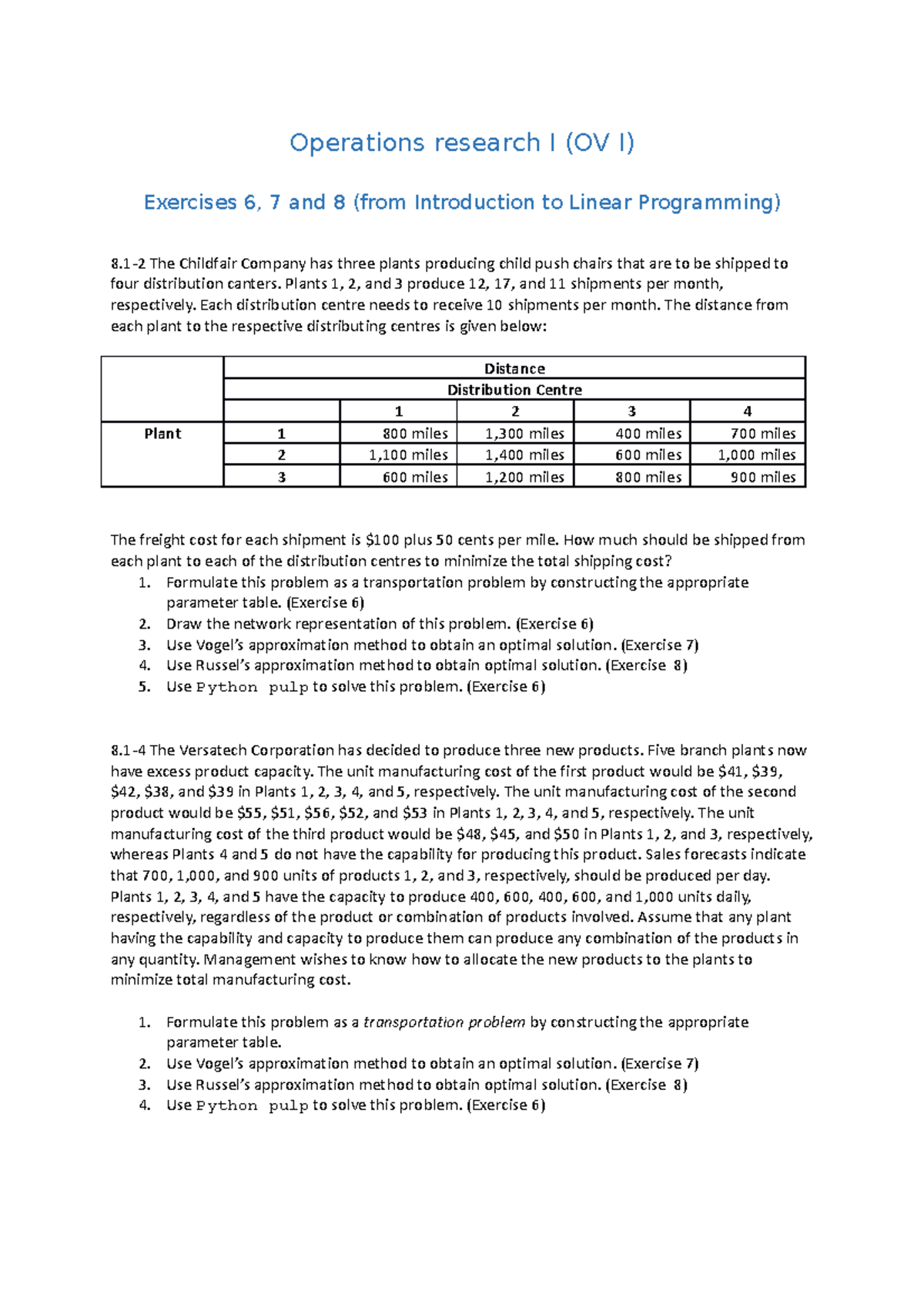 Exercise 6 7 8 - Operations research I (OV I) Exercises 6, 7 and 8 ...