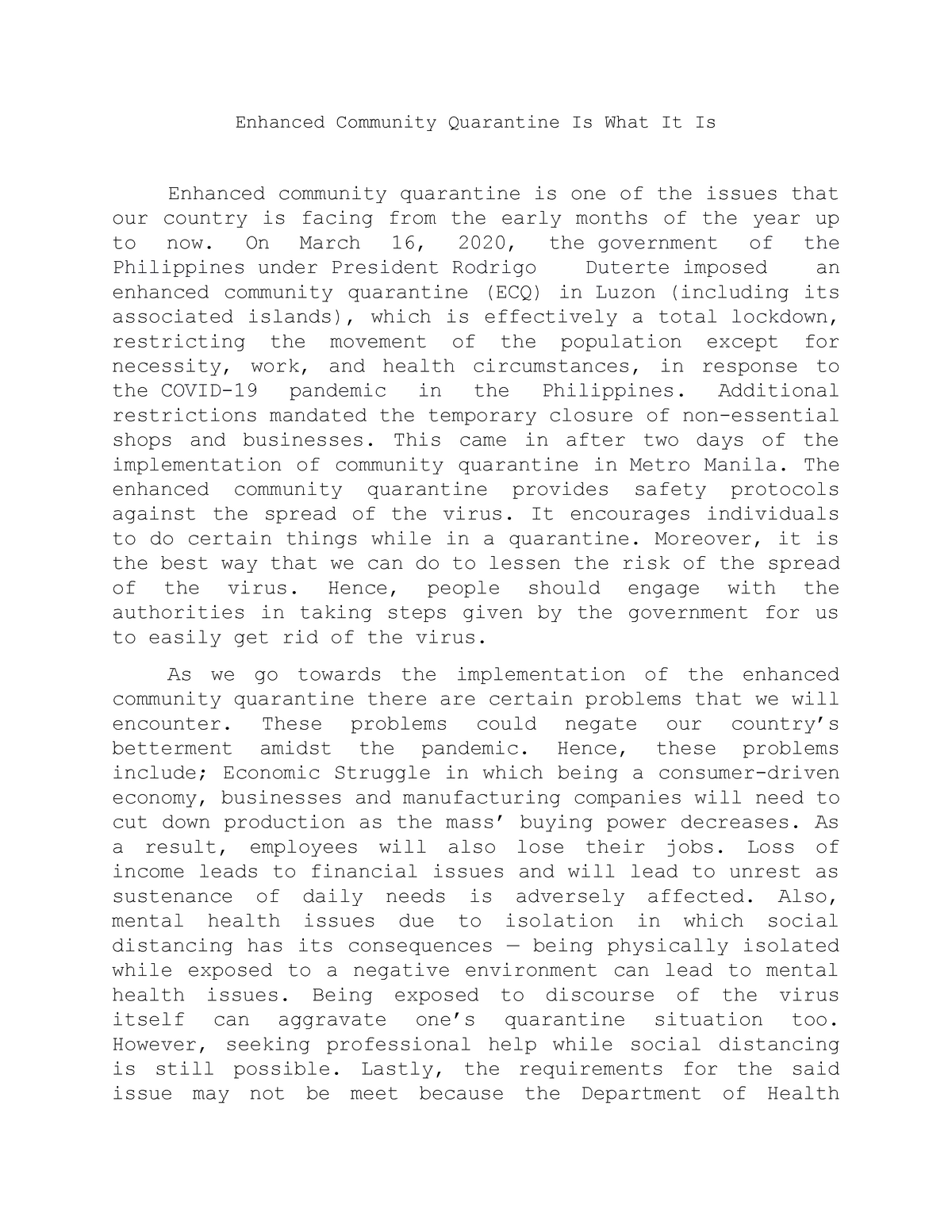 enhanced community quarantine essay tagalog