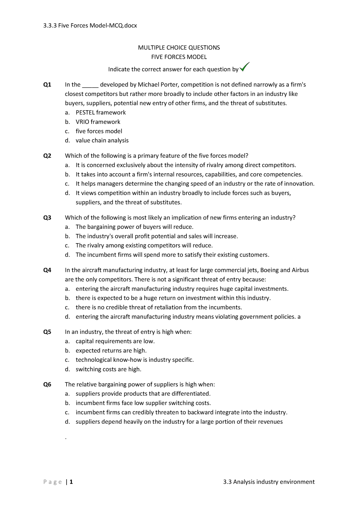 Corporate Strategy - Five Forces Model-mcq - Multiple Choice Questions 