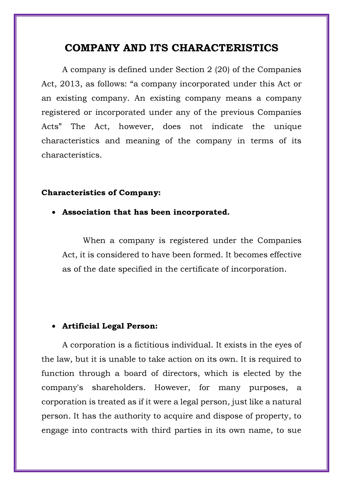 Company And Its Characteristics COMPANY AND ITS CHARACTERISTICS A 