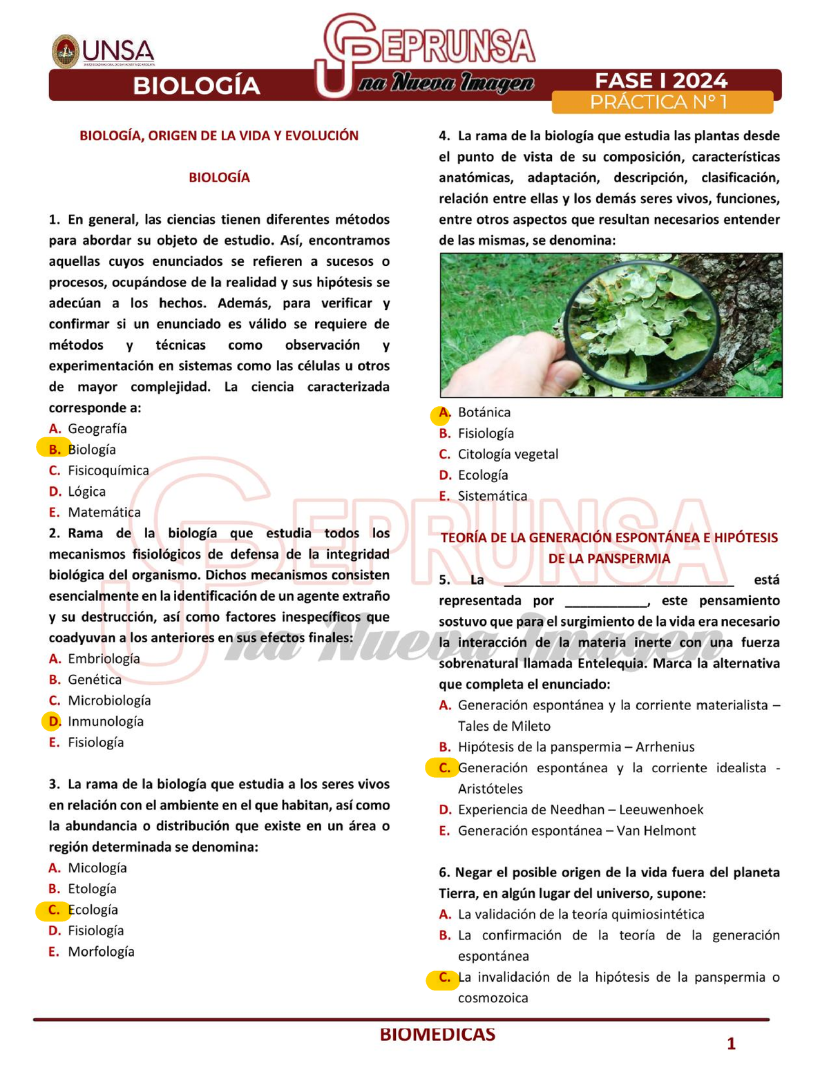 01 (B) - Biología Práctica 1 - Ceprunsa I FASE 2024 - Biologia - Studocu