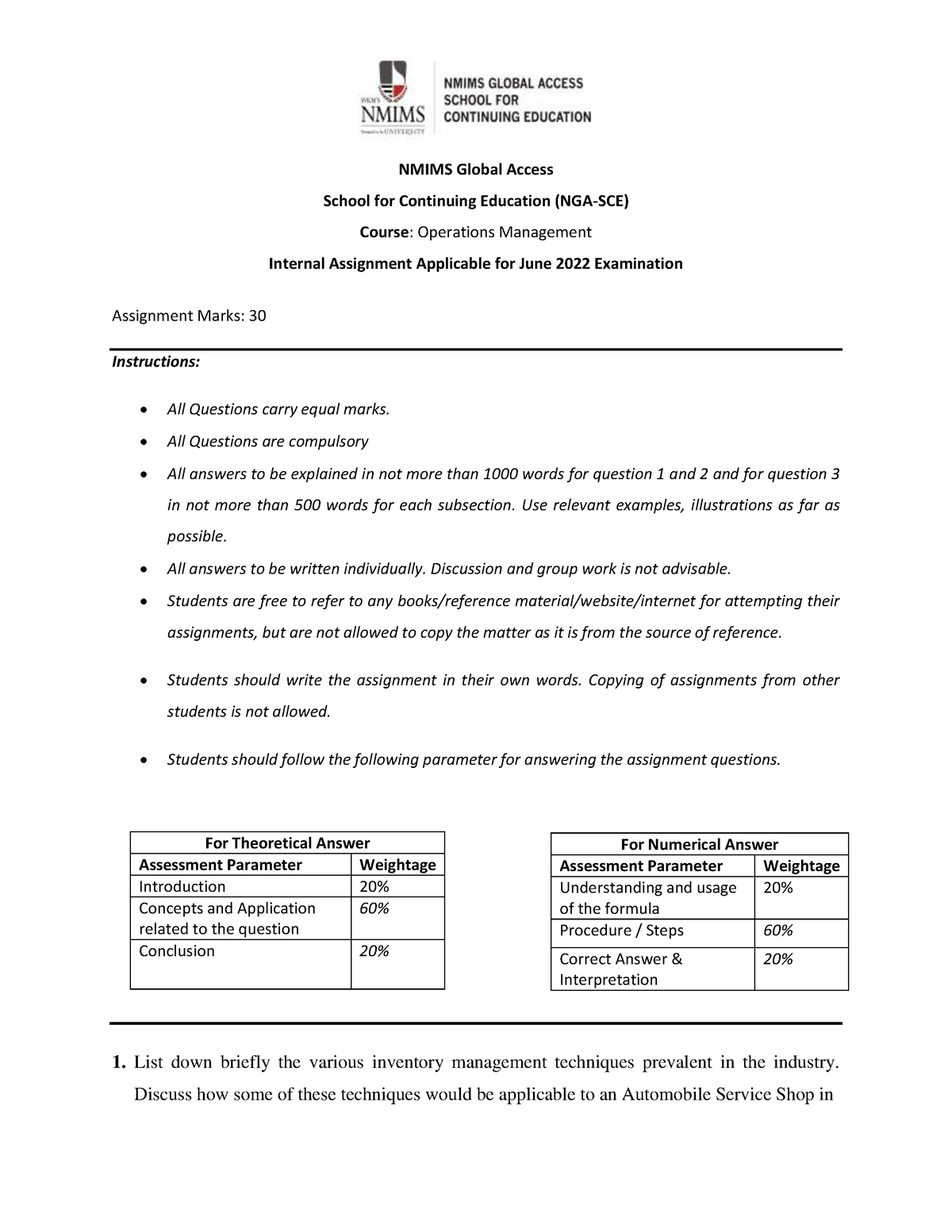 nmims operations management assignment