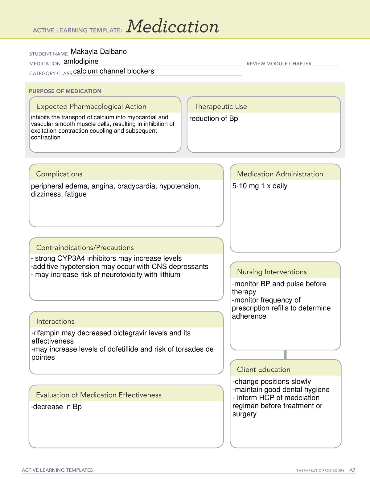 Amlodipine Med sheet ACTIVE LEARNING TEMPLATES TherapeuTic procedure