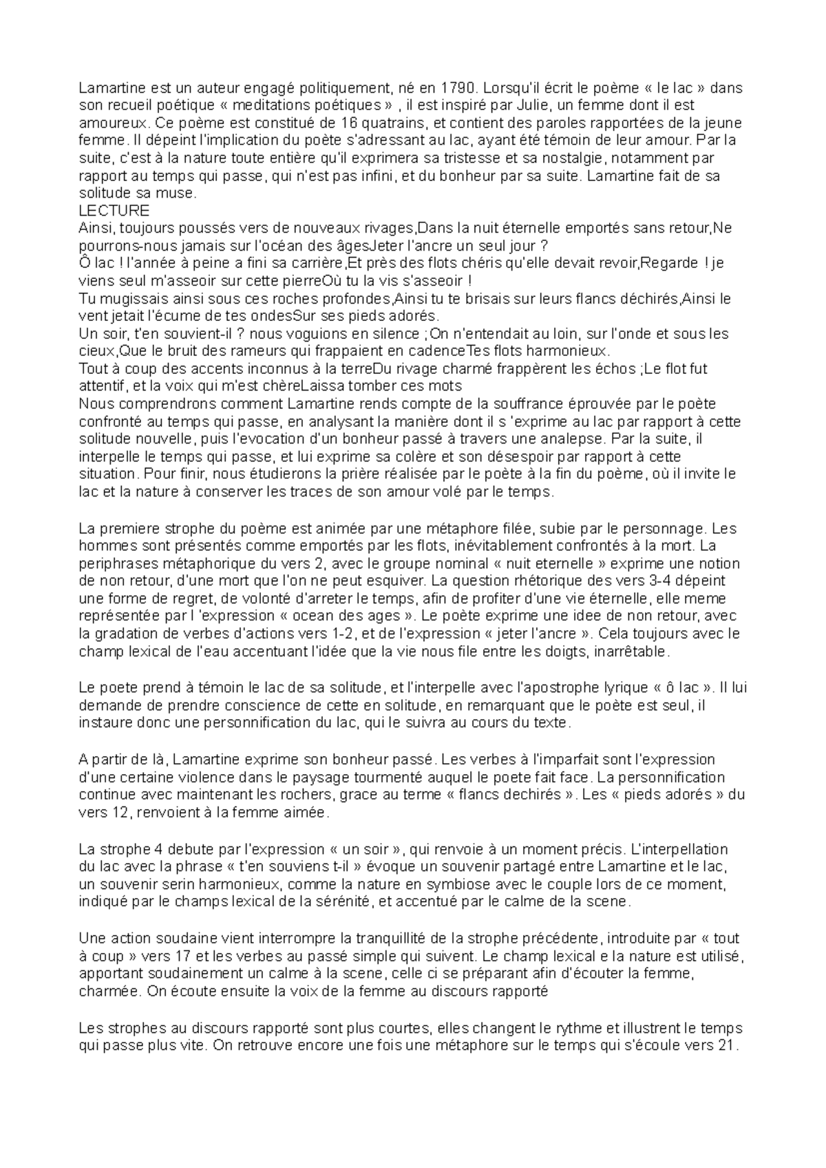 Le lac lamartine analyse linéaire Lamartine est un auteur engagé