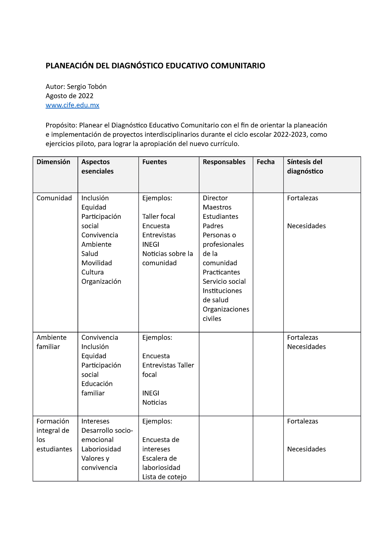 Formato Planeación Diagnostico Educativo Comunitario - PLANEACIÓN DEL ...