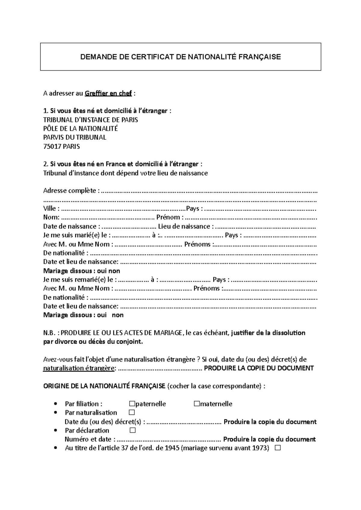 document pour demande de nationalité francaise