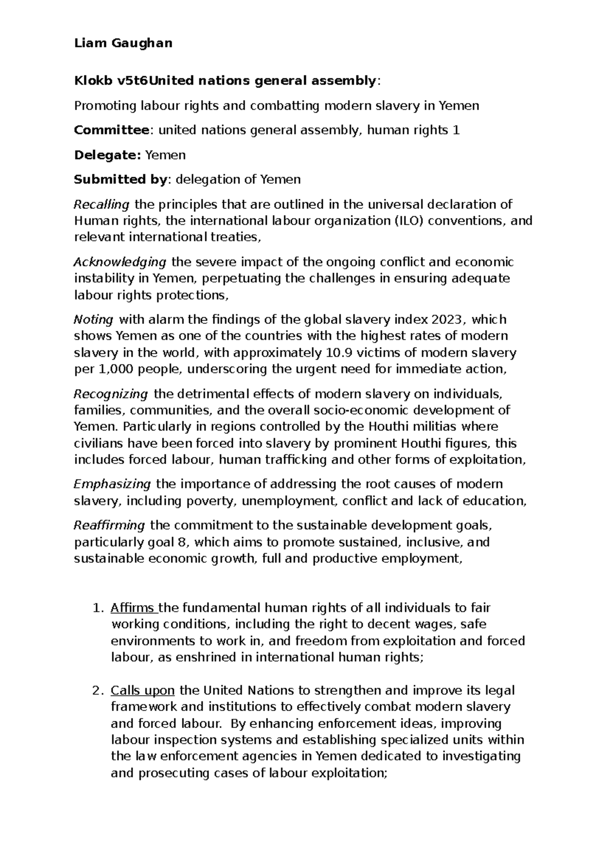 MUN Resolution Yemen Human Rights 1 - Liam Gaughan Klokb v5t6United ...