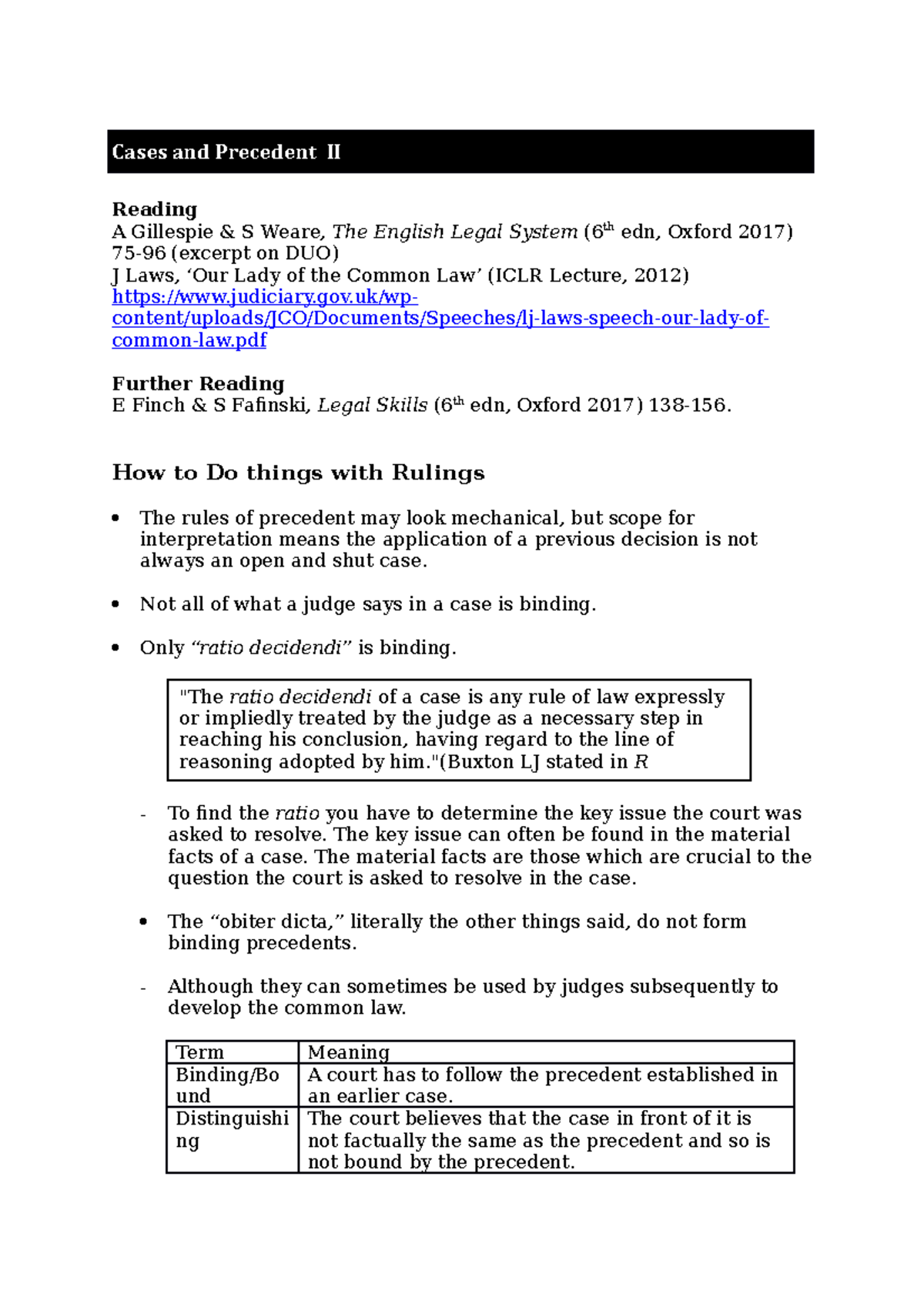 Lecture 6 Cases and Precedent Cases and Precedent II Reading A