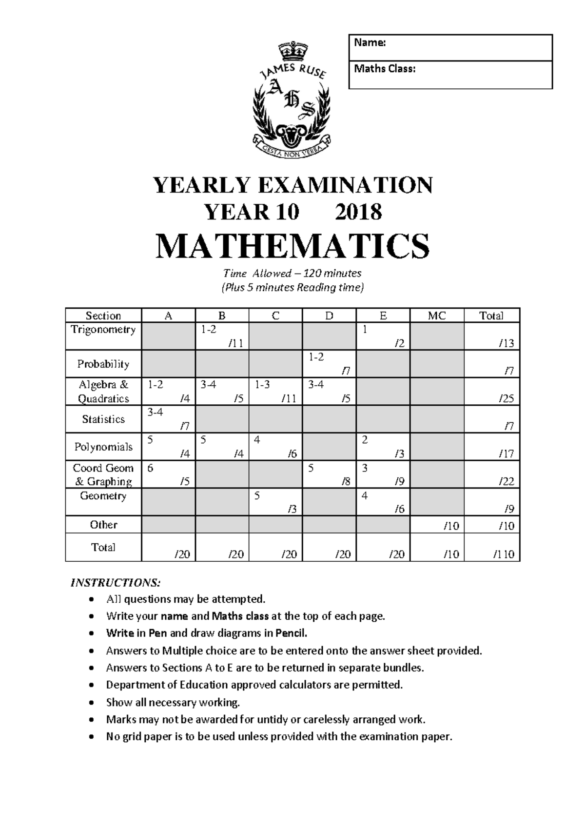 James Ruse 2018 Year 10 Maths Yearly & Solutions - YEARLY EXAMINATION ...