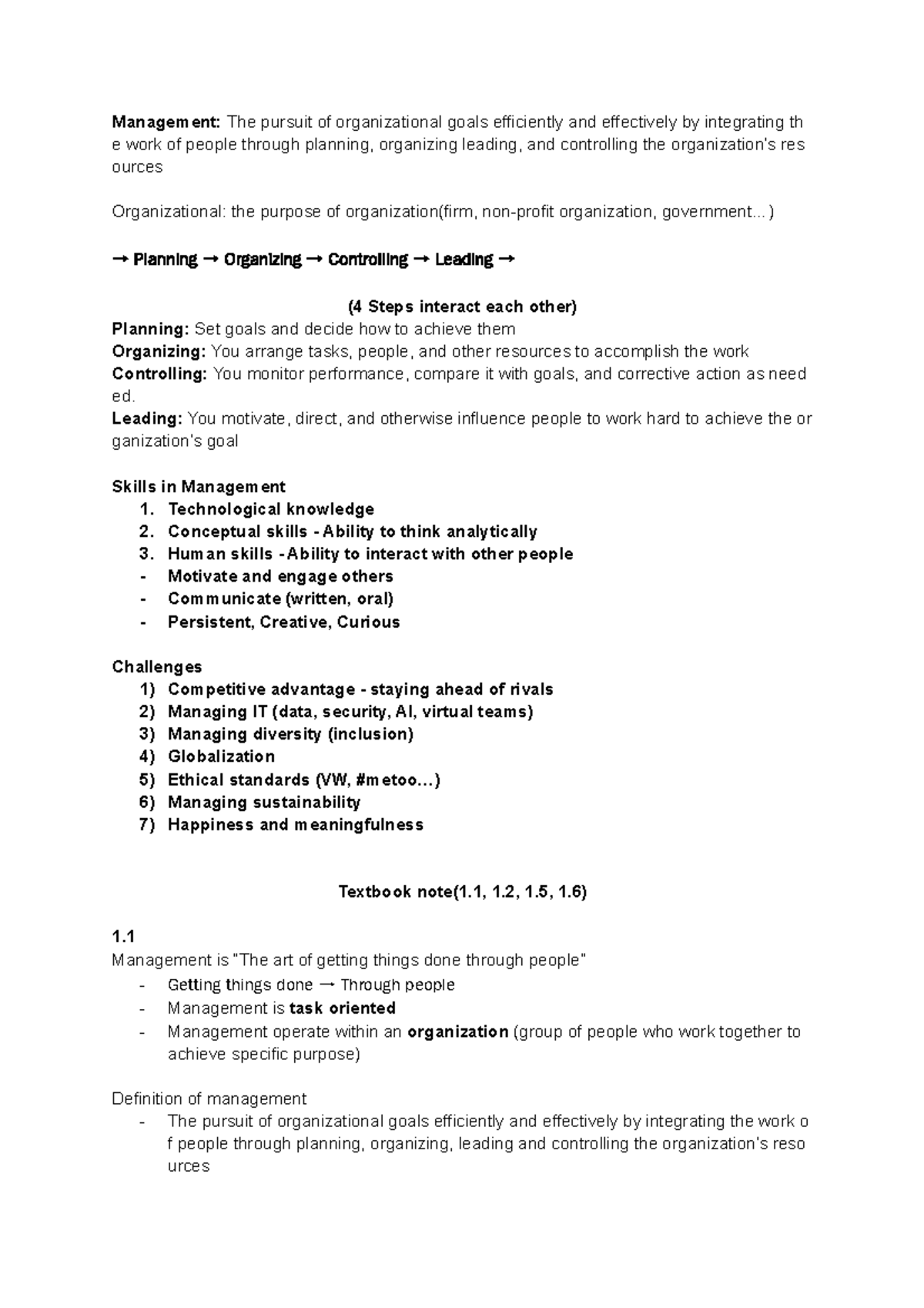 MGMT Chpt.1 note - MGMT note - Chapter 1 - Management: The pursuit of ...