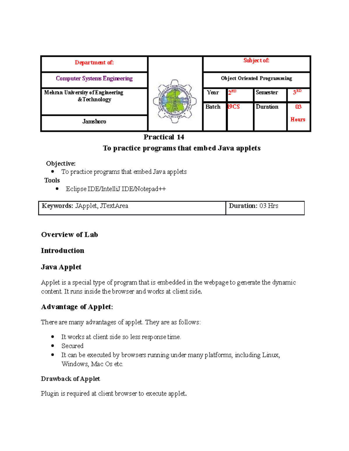 Lab 14 - oop lab - Department of: Subject of: Computer Systems ...