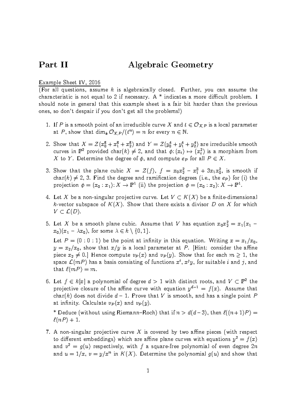 Algebraic Geometry 20162017 Example Sheet 4 Part II Algebraic