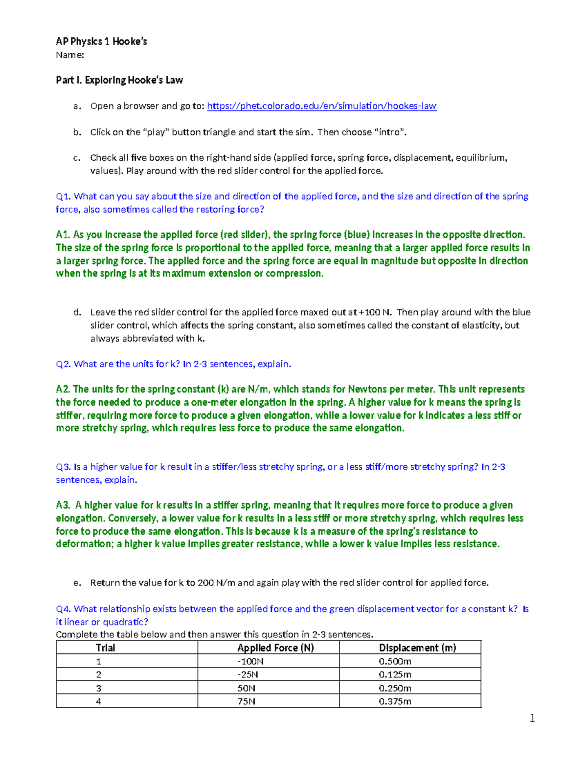 AP1+LAB+Ph ET+Hookes+Law AP Physics 1 Hooke’s Name Part I. Exploring