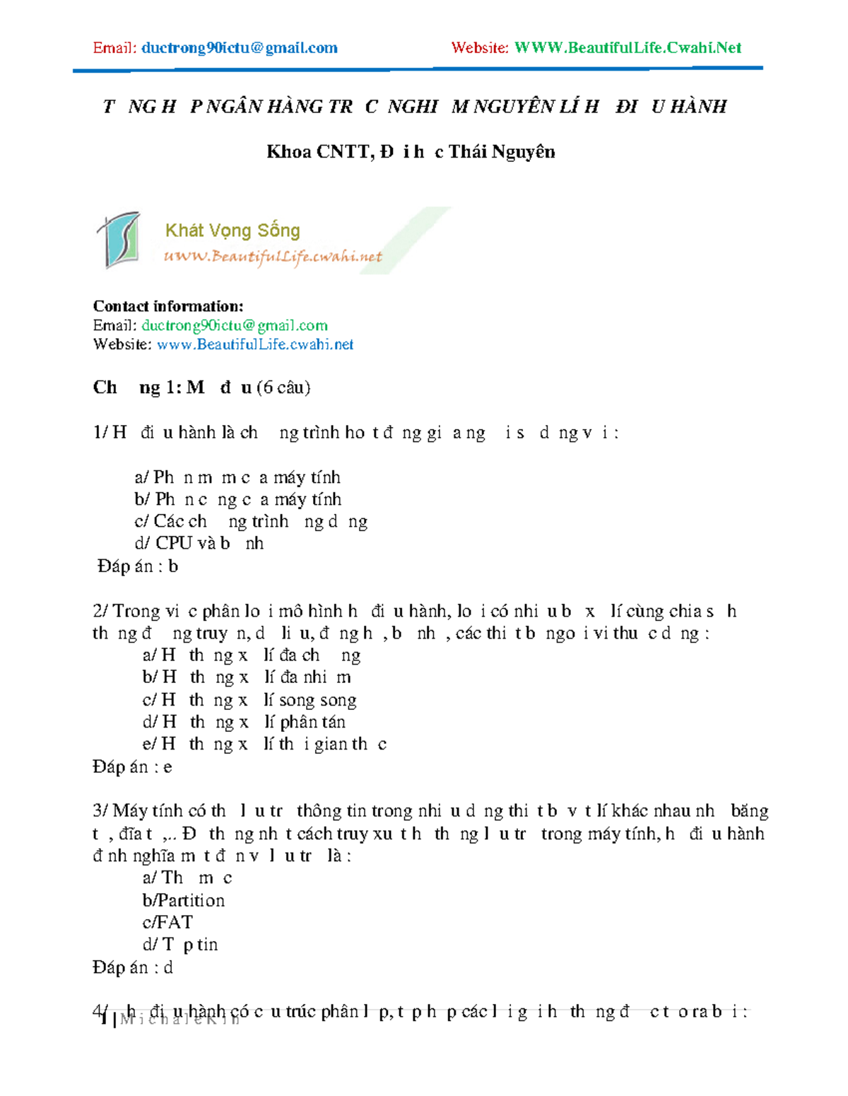 Tổng hợp ngân hàng trắc nghiệm môn Nguyên lí hệ điều hành (Khoa CNTT