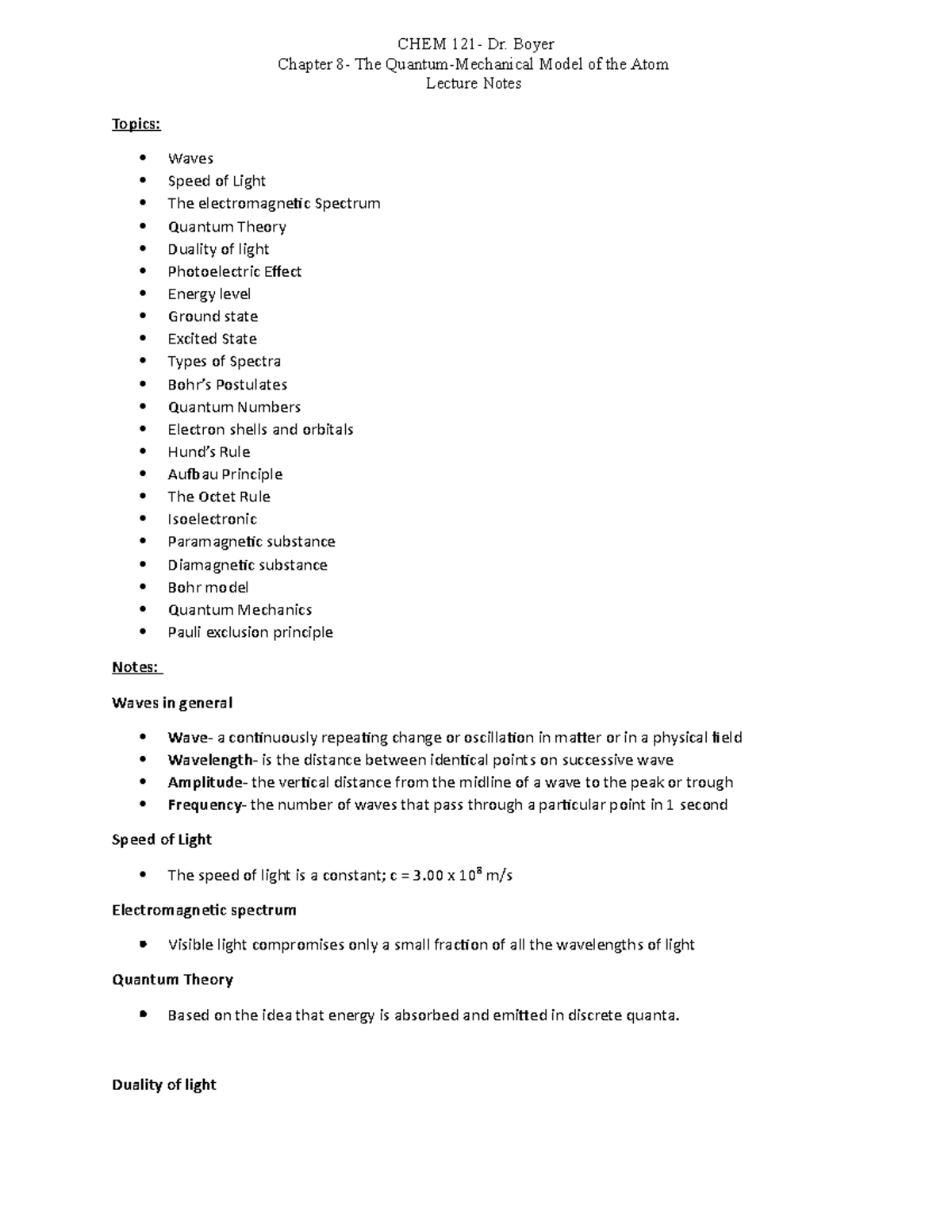 Chapter 8 Lecture Notes - Chapter 8- The Quantum-Mechanical Model Of ...