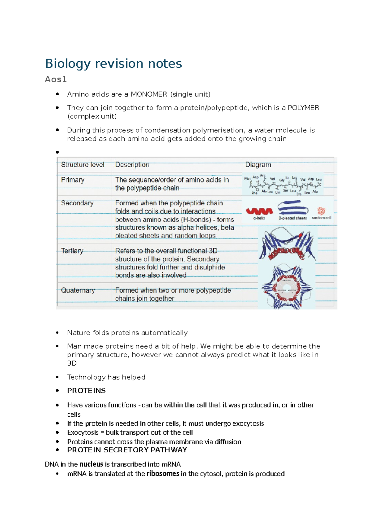 Biology revision notes - Biology revision notes Aos Amino acids are a ...