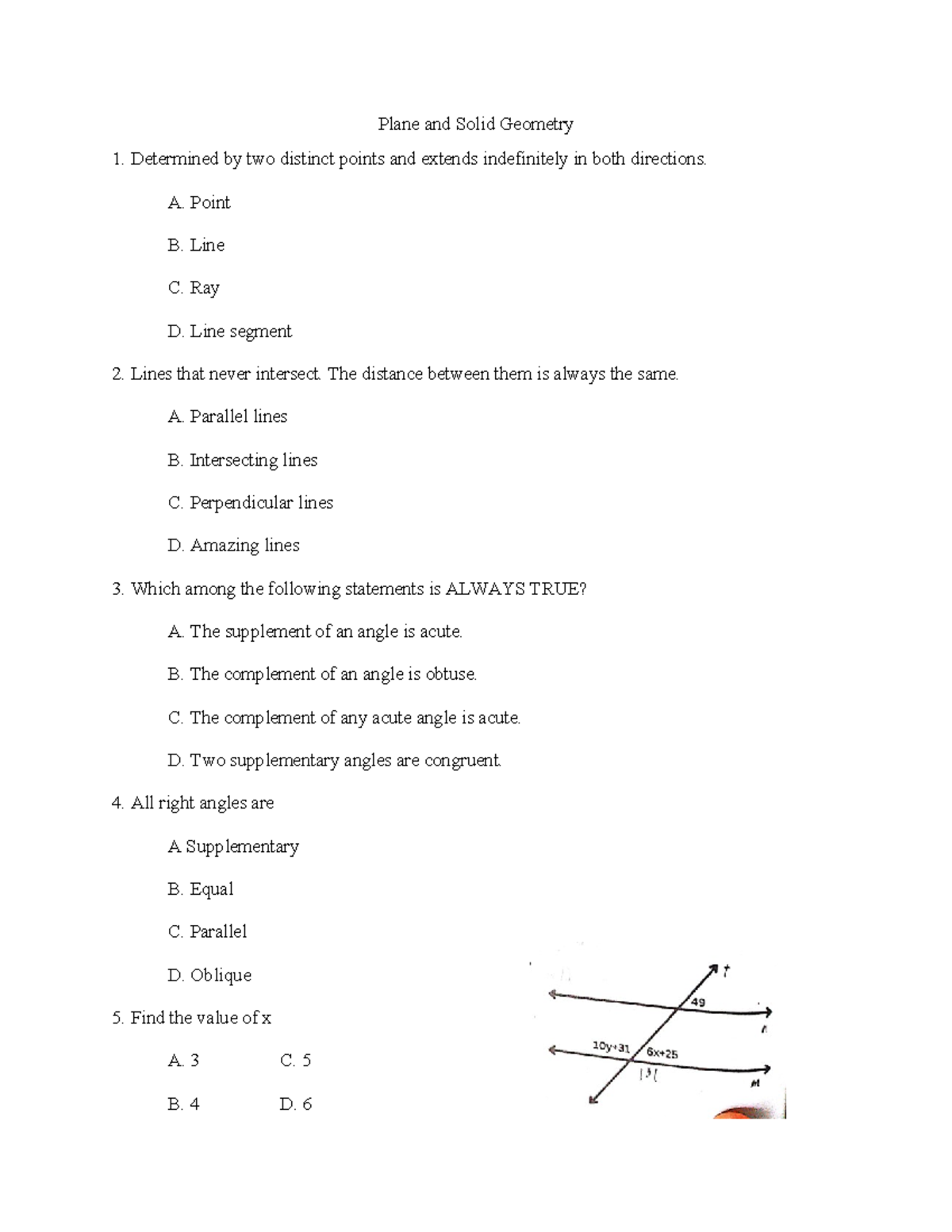 Plane and Solid Geometry post test - Plane and Solid Geometry ...
